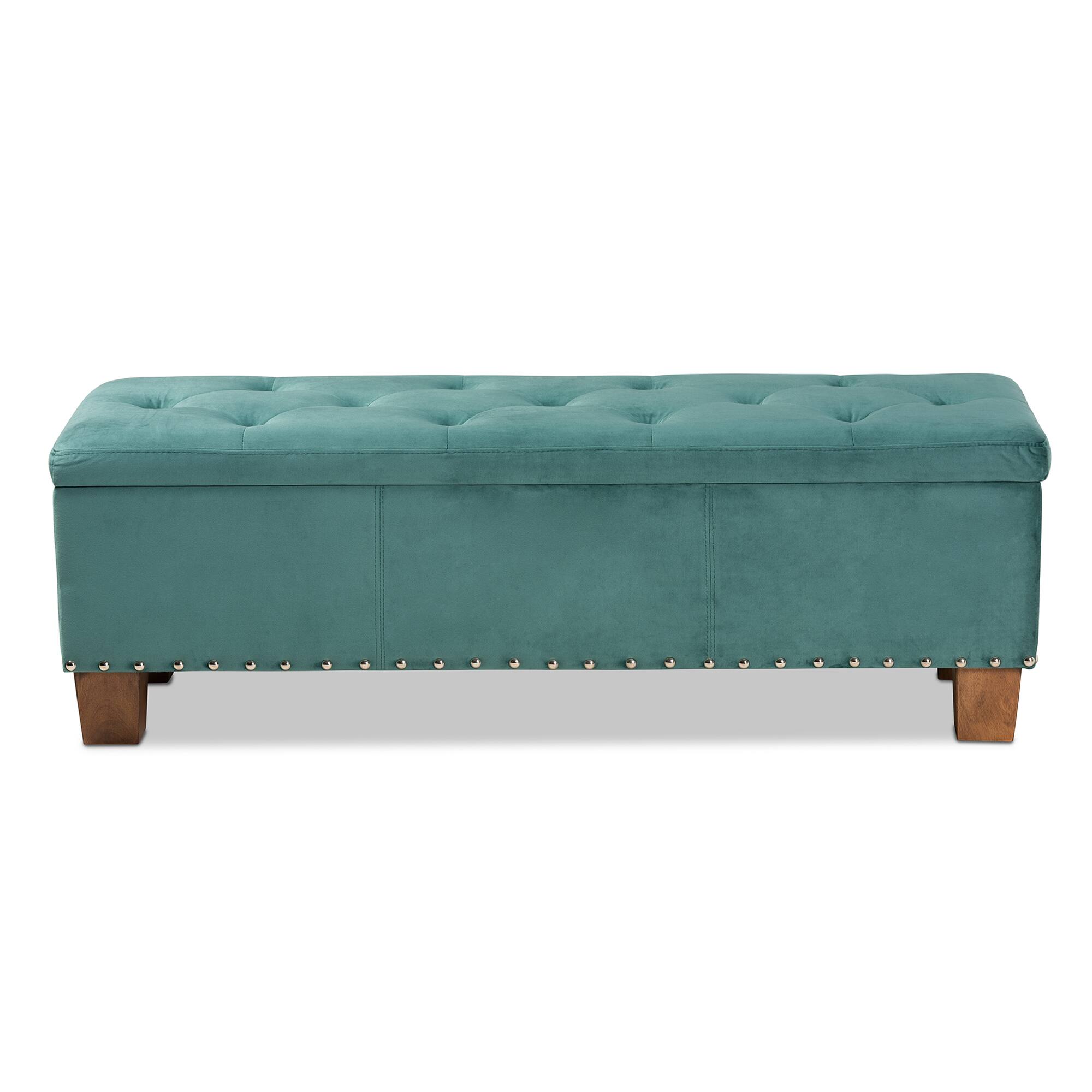 Left. Baxton Studio - Hannah Modern and Contemporary Velvet Fabric Upholstered Button-Tufted Storage Ottoman Bench - Teal Blue/Brown.