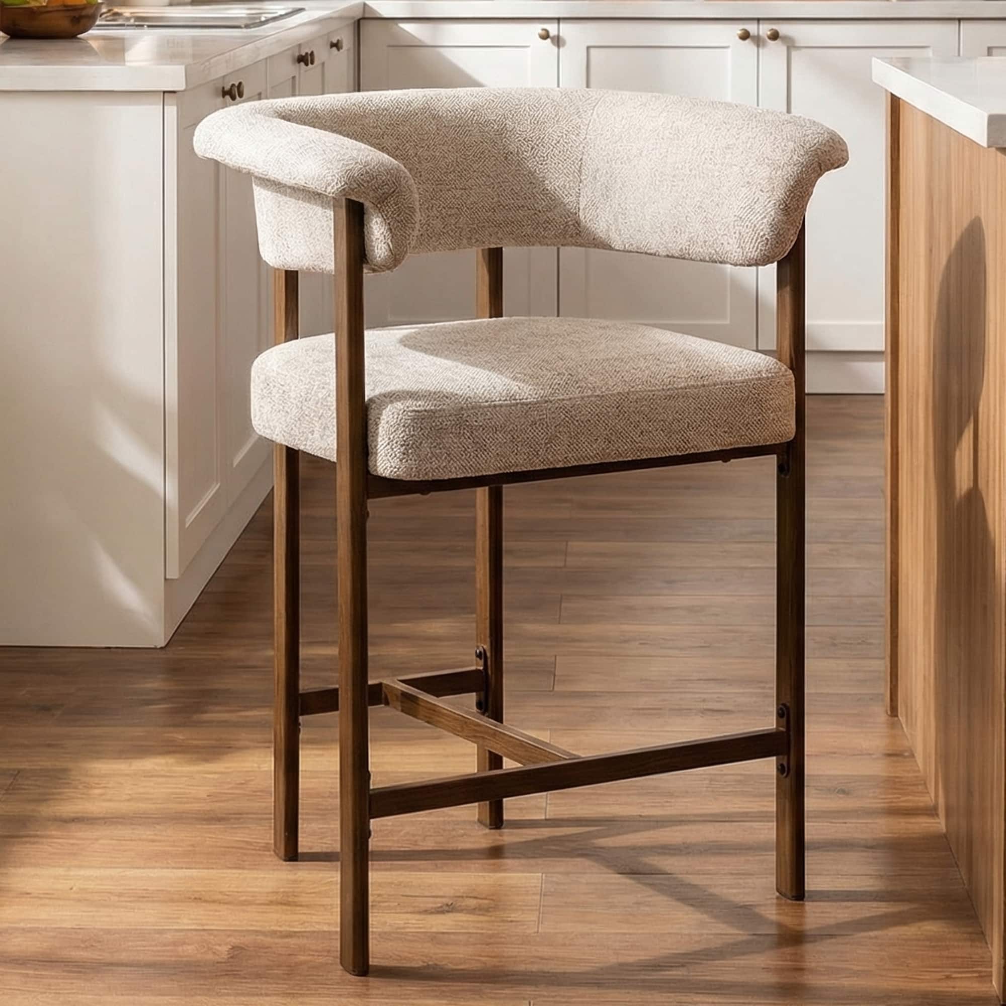 KERDOM - Counter Height Bar Stool with Padded Arms, Mid-Century Modern Fabric Upholstered Dining Chairs, Padded Backrest & Seat - Linen