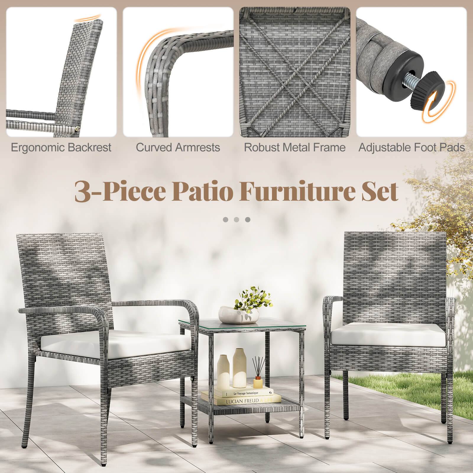 Ergonomic Backrest  
Curved Armrests  
Robust Metal Frame  
Adjustable Foot Pads  

3-Piece Patio Furniture Set  

I - S. LUCIAN FREUD