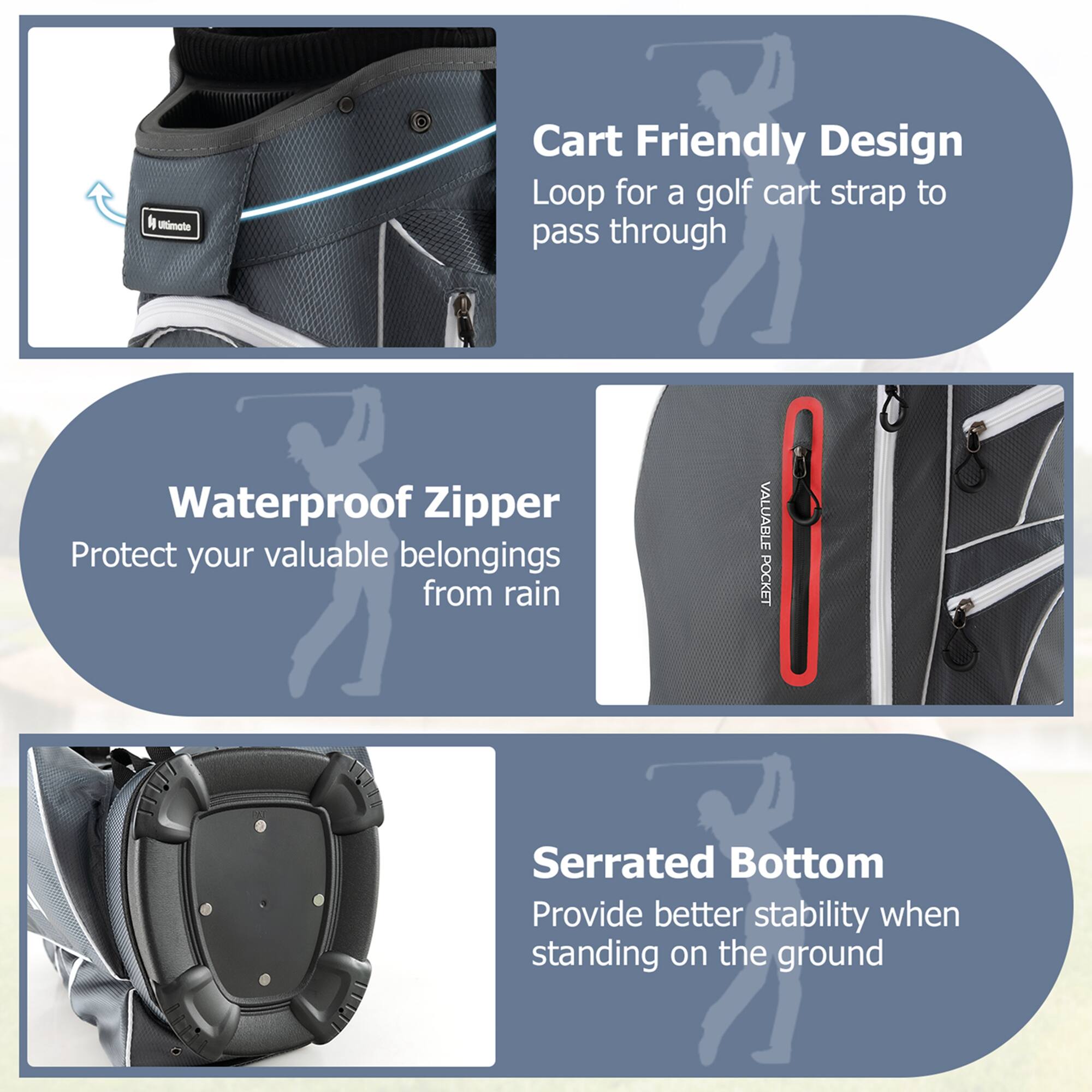 Cart Friendly Design  
Loop for a golf cart strap to pass through  

Waterproof Zipper  
Protect your valuable belongings from rain  

Serrated Bottom  
Provide better stability when standing on the ground
