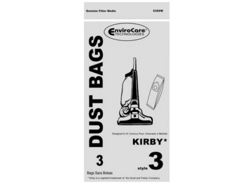 Genuine Filter Media  
8385W  

EnviroCare Technologies  

DUST BAGS  

Designed for Kirby  
3 style  

Bags Sacs Bolsas  

Kirby is a registered trademark of the Scott and Fetzer Company