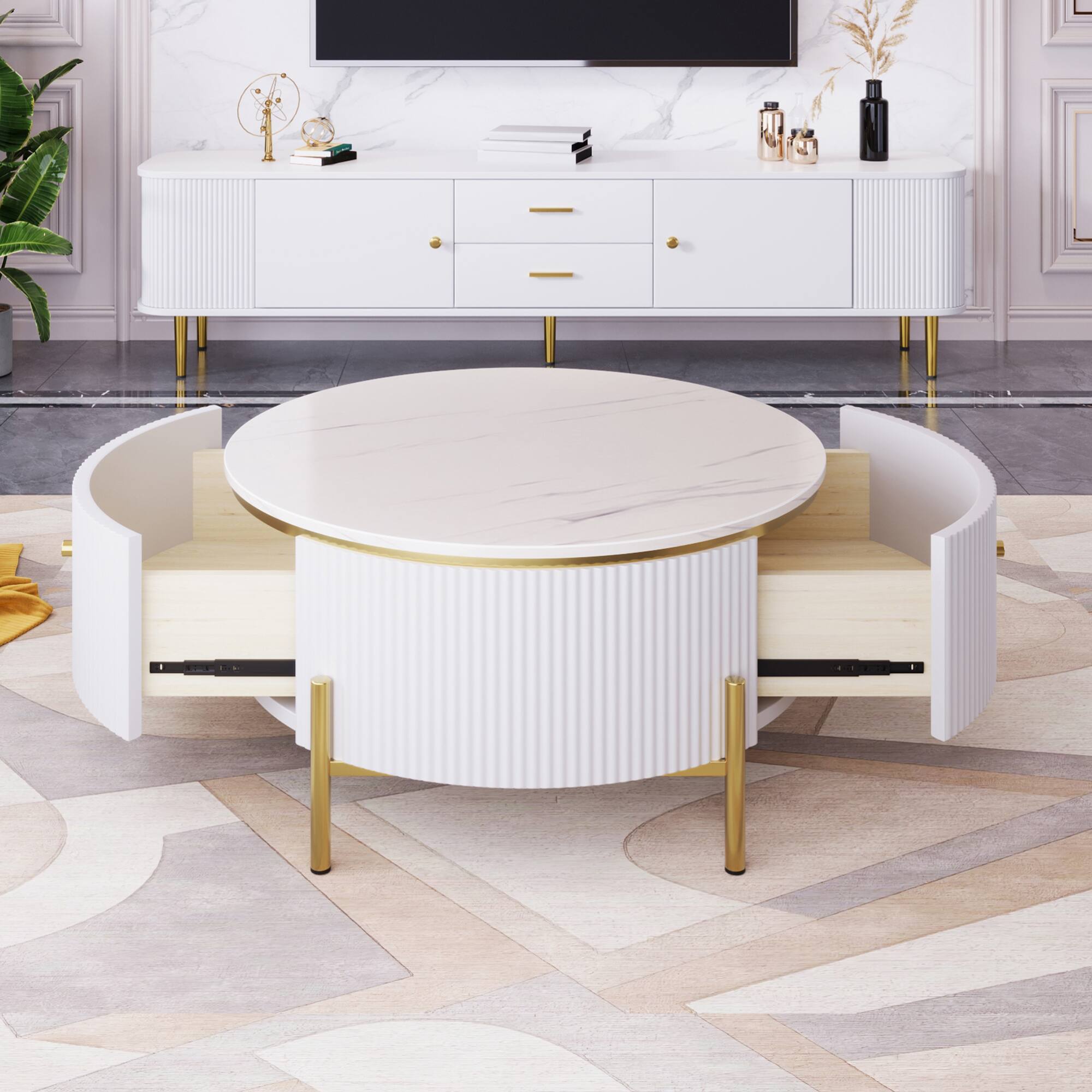 Left. GOODSILO - Contemporary Round Coffee Table with Dual Large Drawers for Enhanced Living Room Storage and Style - White.