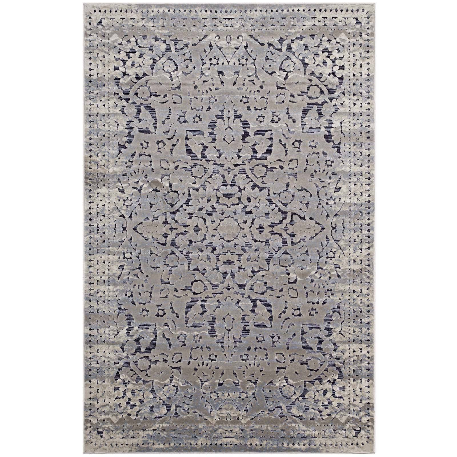 Angle. Modway - Margarida Distressed Vintage Turkish Area Rug - Blue and Cream.
