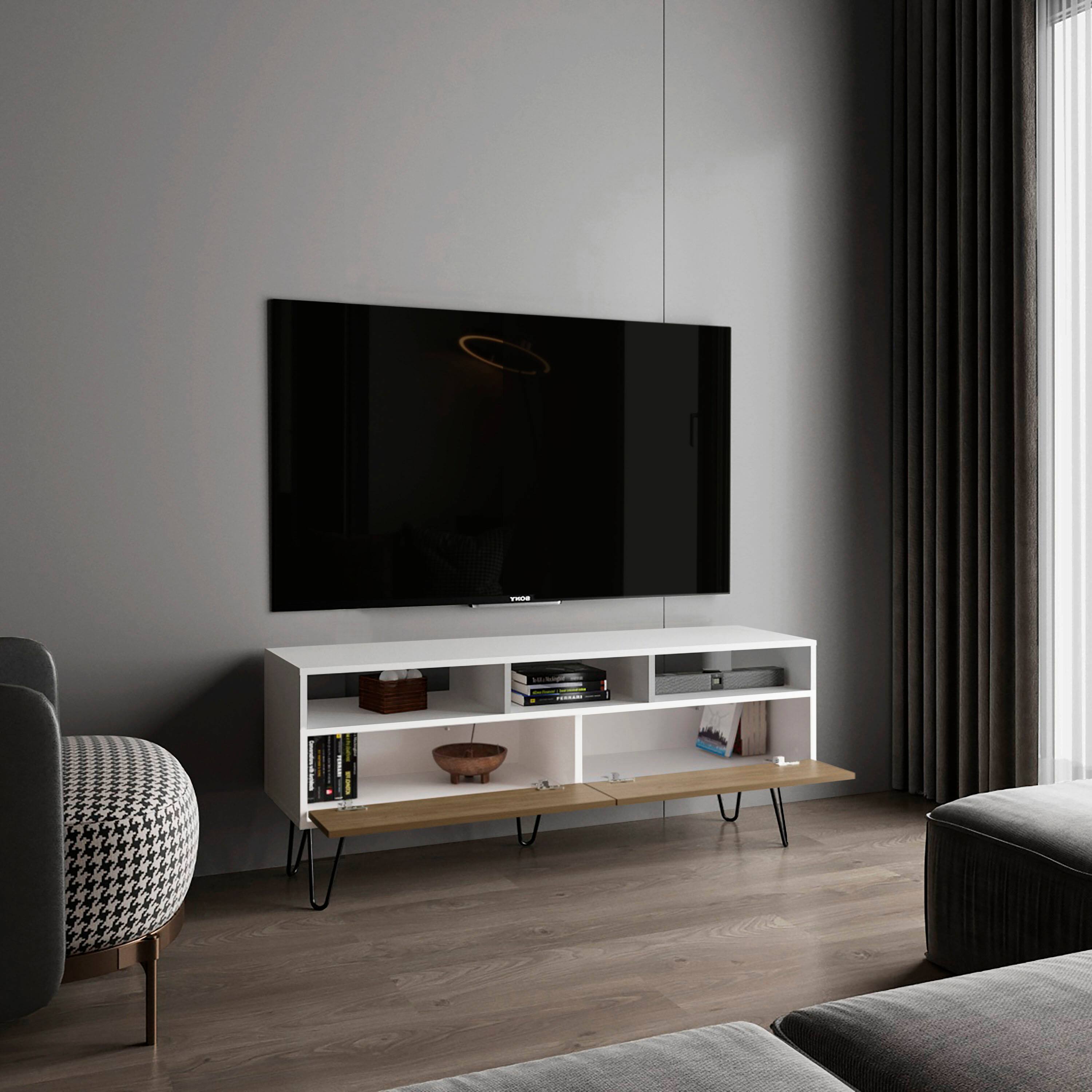 Alt View 2. Spaco - Spaco Modern TV Stand, Entertainment Center Media Console for 65 Inch TVs, 2 Door Cabinet, 3 Open Shelves, 5 Metal Legs - White.