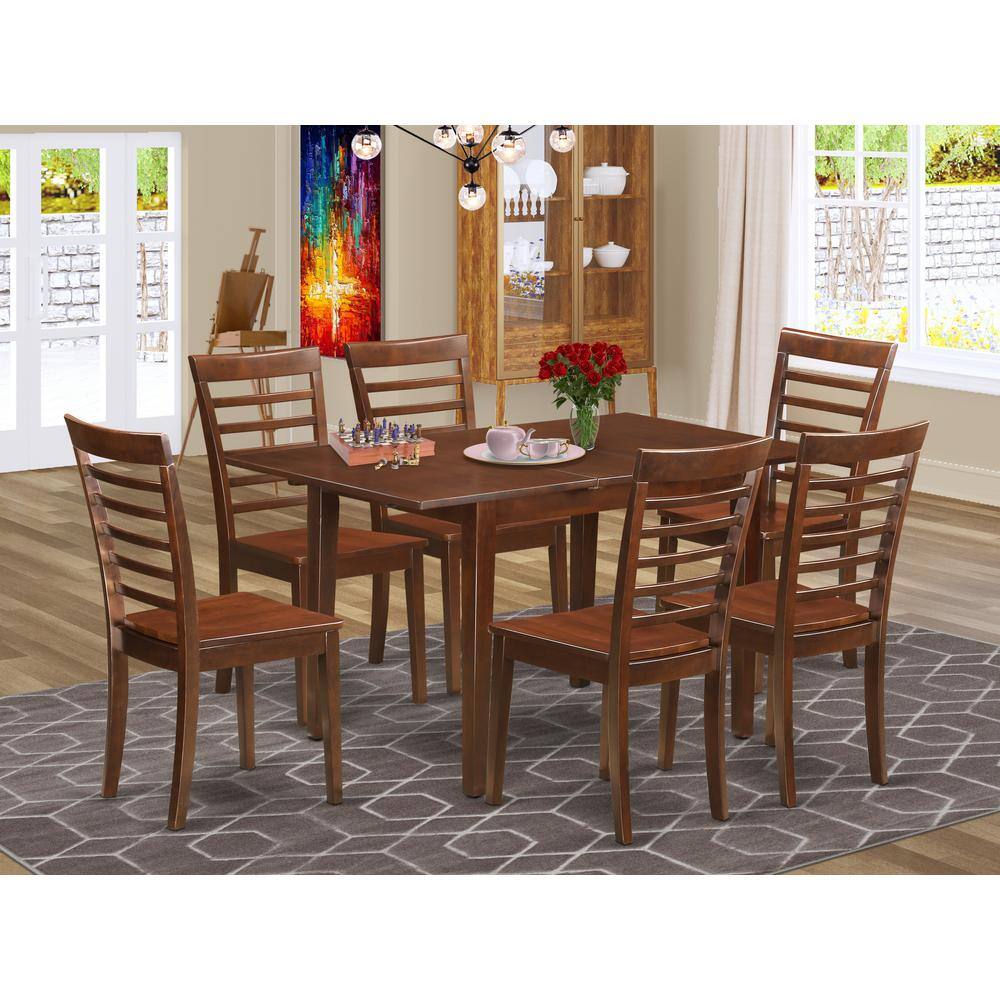Back. East West Furniture - 7 Pc Dining room set - Rectangular Table with Leaf and 6 Dining Chairs - Mahogany.