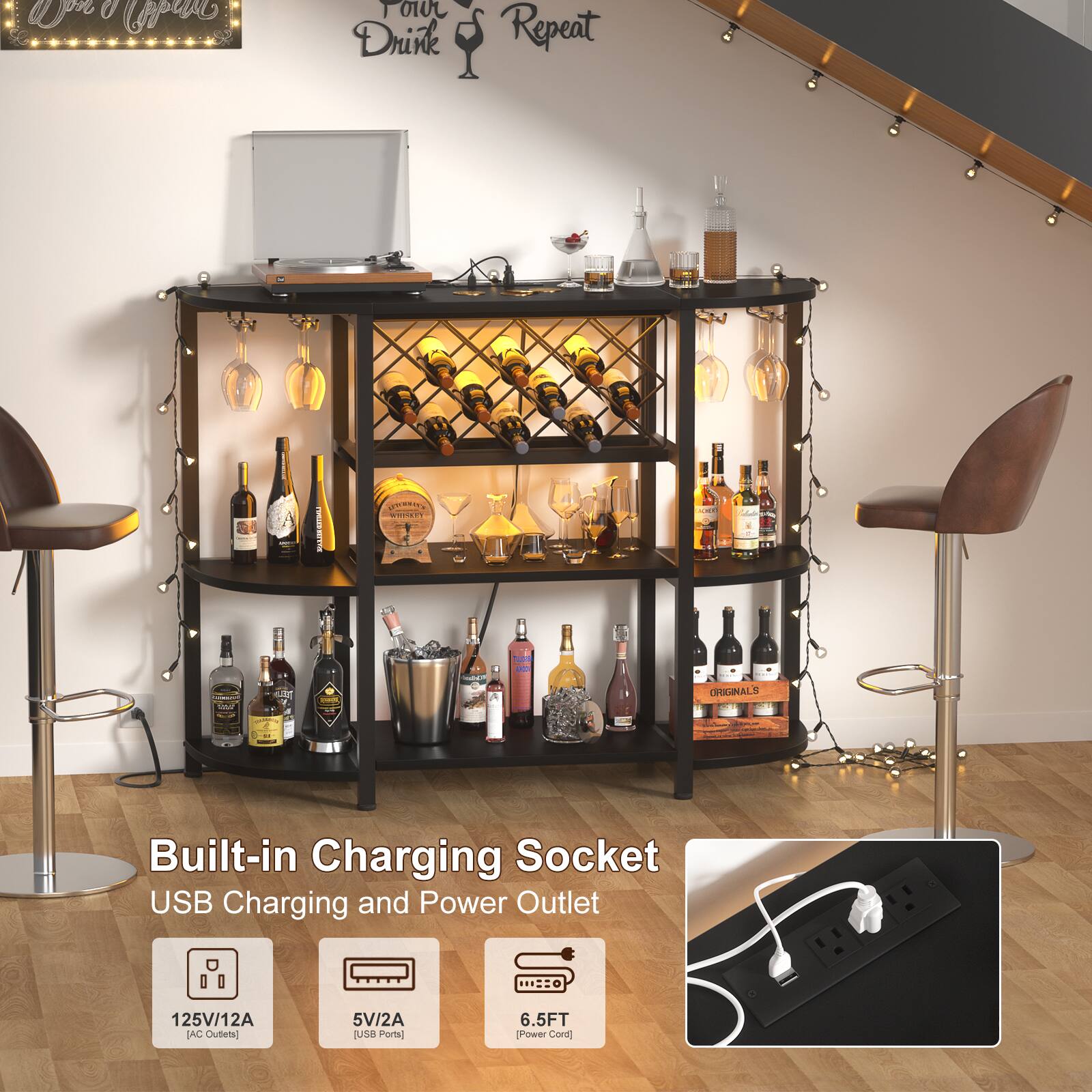Wine & Spirits  
Drink Repeat

Built-in Charging Socket  
USB Charging and Power Outlet  
125V/12A (AC Outlets)  
5V/2A (USB Ports)  
6.5FT Power Cord