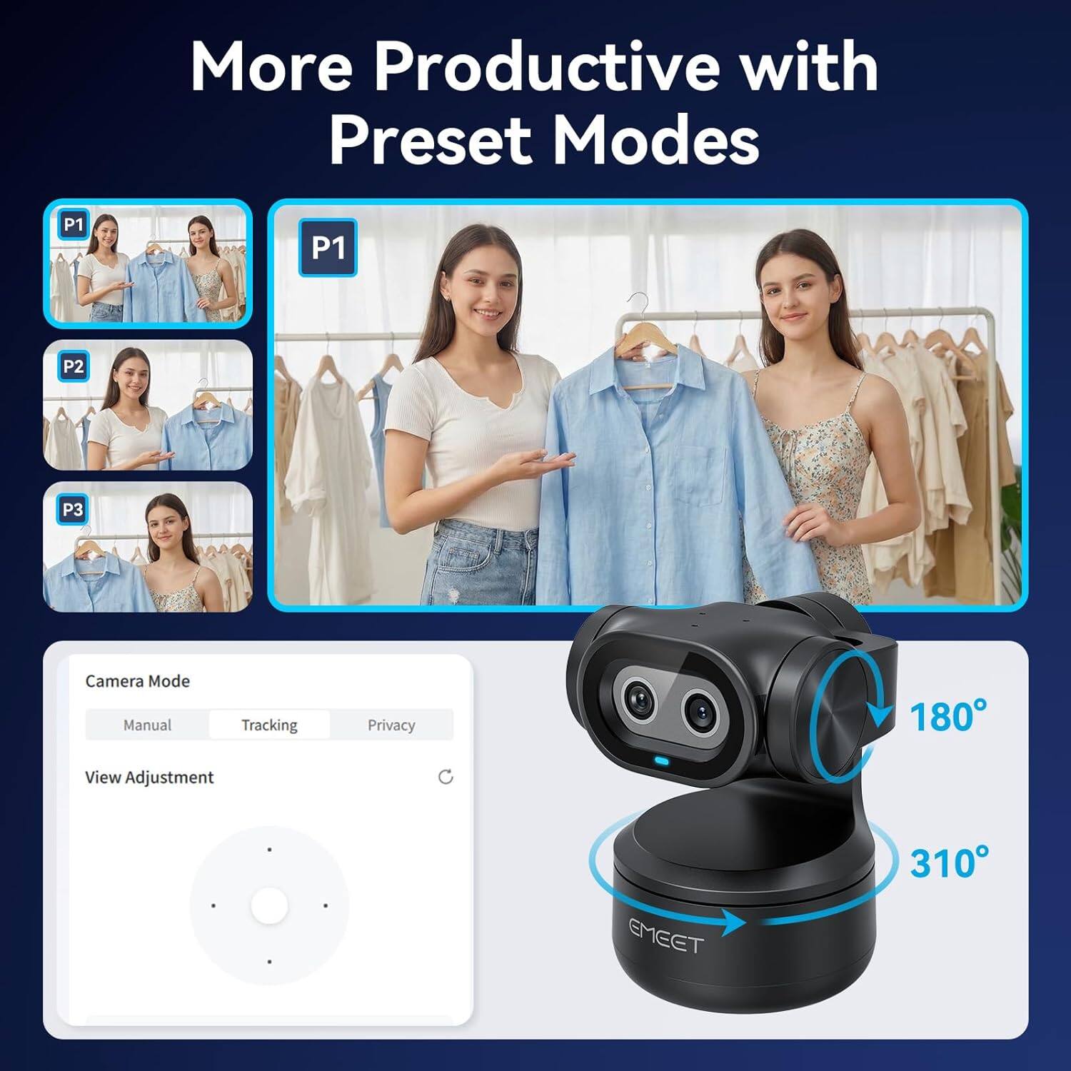 More Productive with Preset Modes

P1 P1 P2 P3

Camera Mode
- Manual
- Tracking
- Privacy

View Adjustment

180°

310°

EMEET