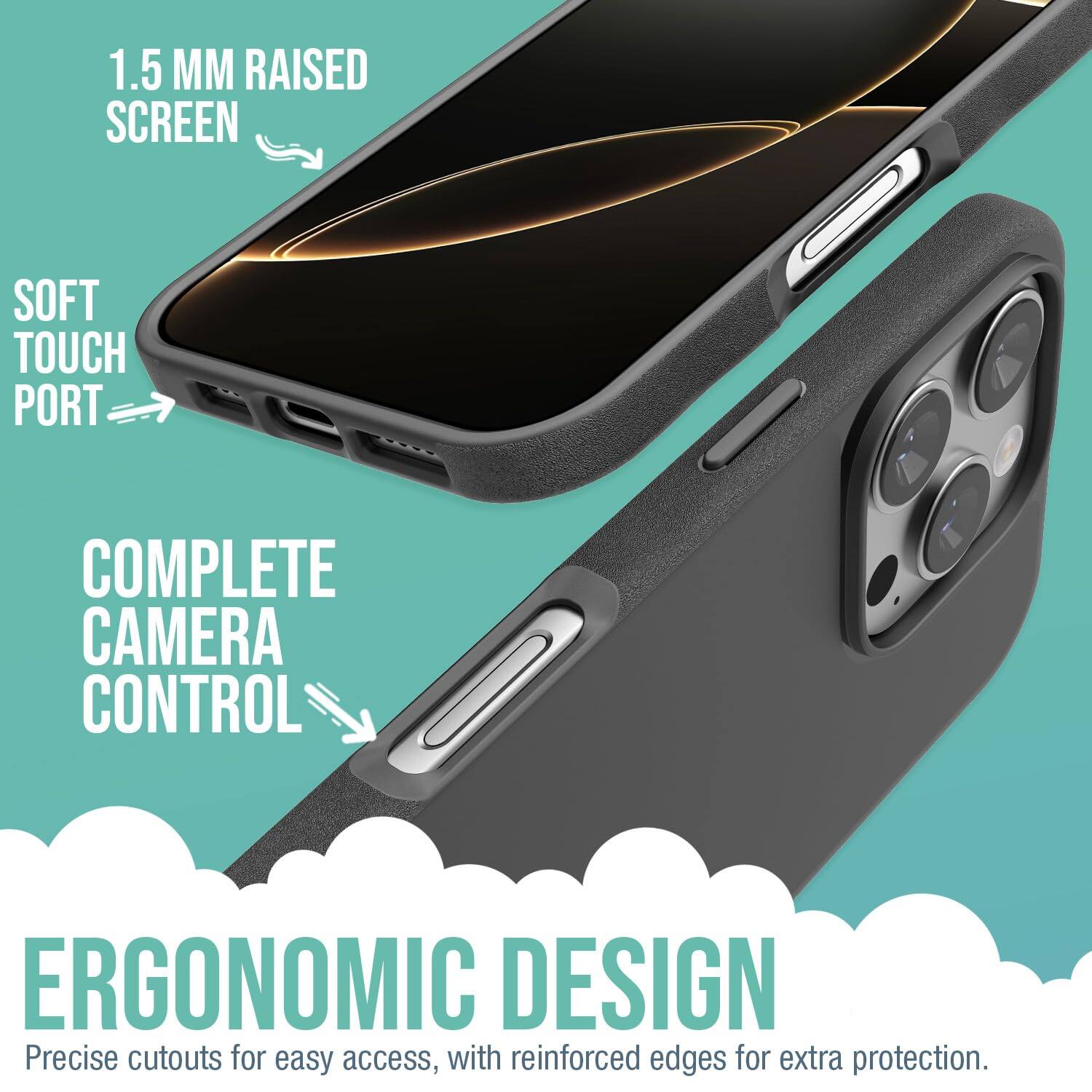 1.5 MM RAISED SCREEN  
SOFT TOUCH PORT  
COMPLETE CAMERA CONTROL  
ERGONOMIC DESIGN  

Precise cutouts for easy access, with reinforced edges for extra protection.