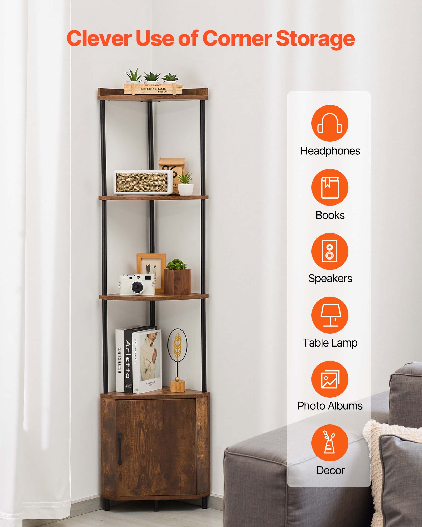 VEVOR 5 Tier Corner Shelf with LED Light, 65.4