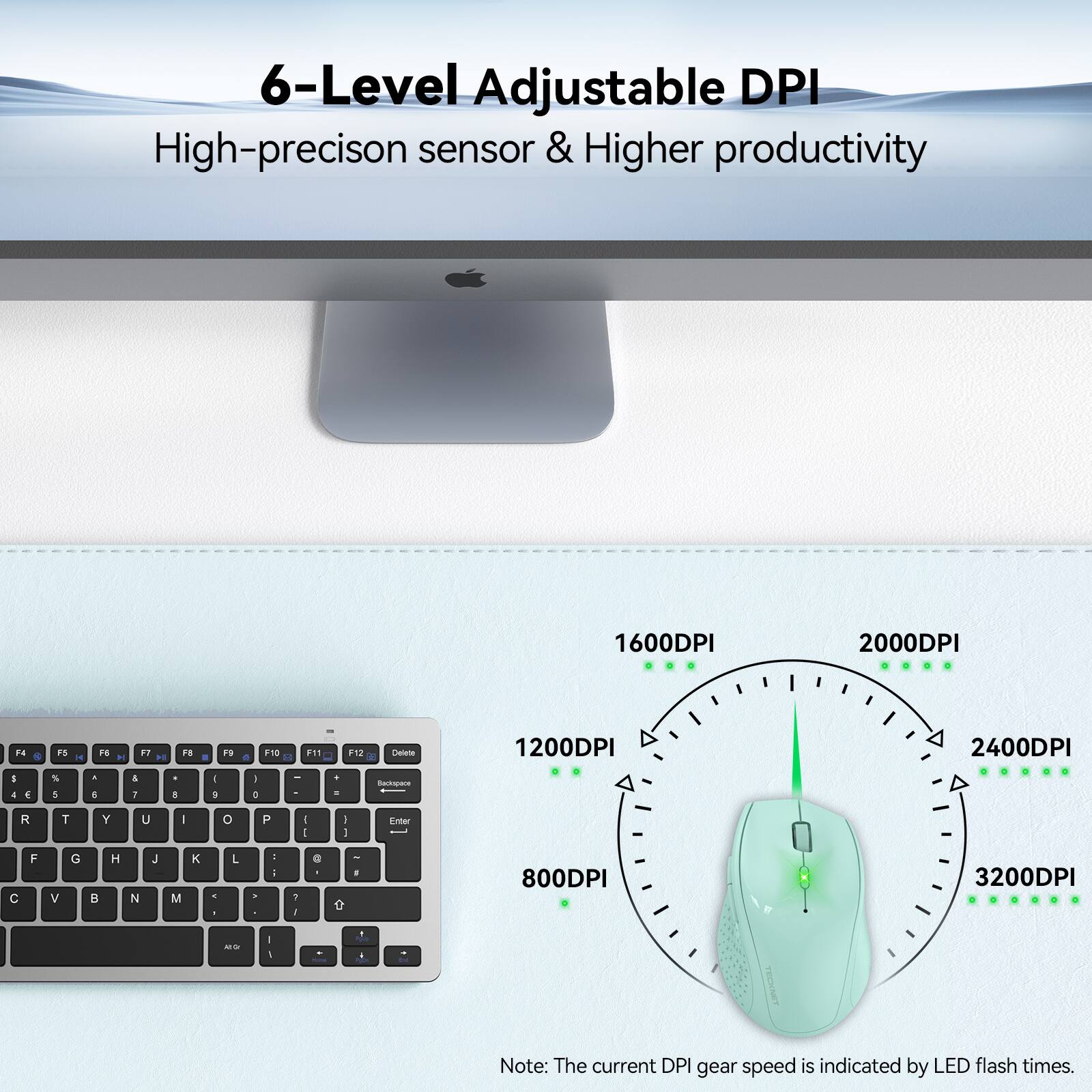 6-Level Adjustable DPI  
High-precision sensor & Higher productivity

1600DPI  
2000DPI  
2400DPI  
3200DPI  
1200DPI  
800DPI

Note: The current DPI gear speed is indicated by LED flash times.