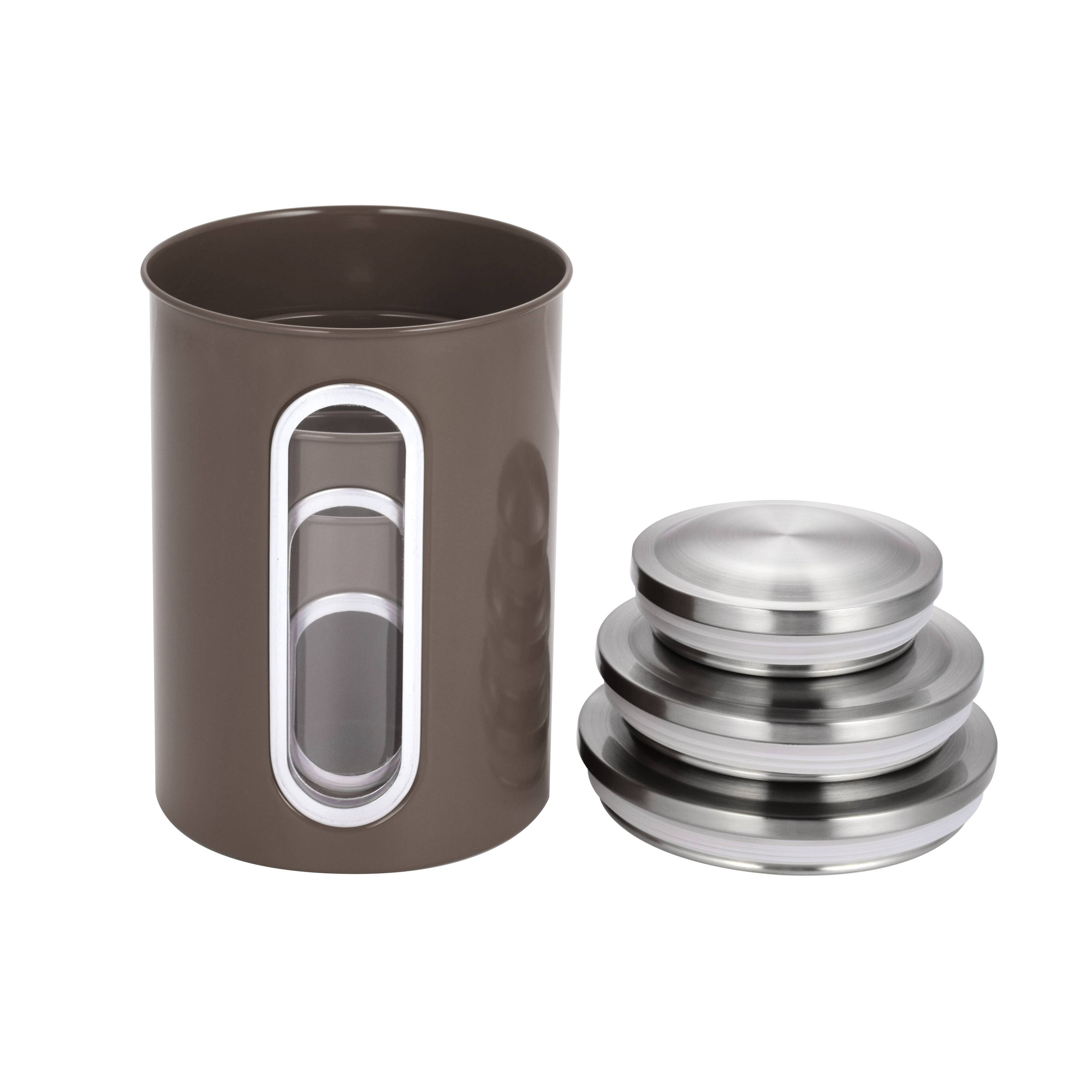 Angle. Malletson - 3 Piece Stainless Steel Canister Set, Airtight Coffee Container Tea Organizer & Sugar Canister, Kitchen - Brown.