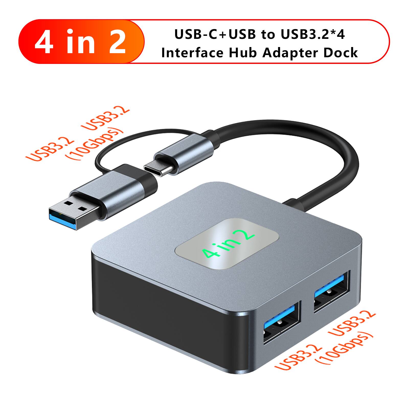 4 in 2 USB-C+USB to USB3.2*4 Interface Hub Adapter Dock USB3.2 (10Gbps)