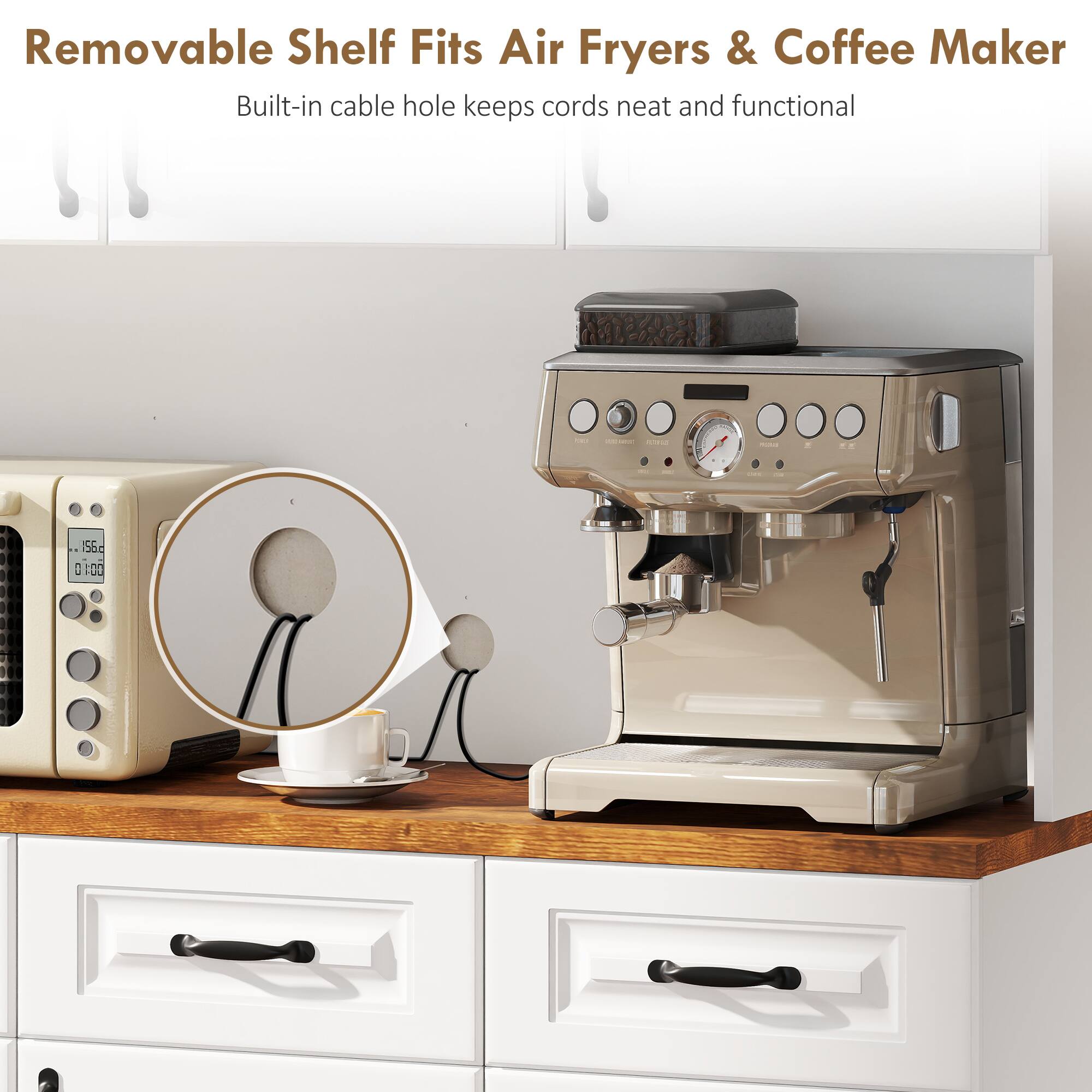 Removable Shelf Fits Air Fryers & Coffee Maker  
Built-in cable hole keeps cords neat and functional