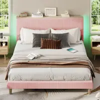 Bestier - King Size Upholstered Platform Bed Frame with LED Lighting and Adjustable Storage Headboard for Bedroom - Pink - Front_Zoom