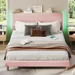 Bestier - King Size Upholstered Platform Bed Frame with LED Lighting and Adjustable Storage Headboard for Bedroom - Pink