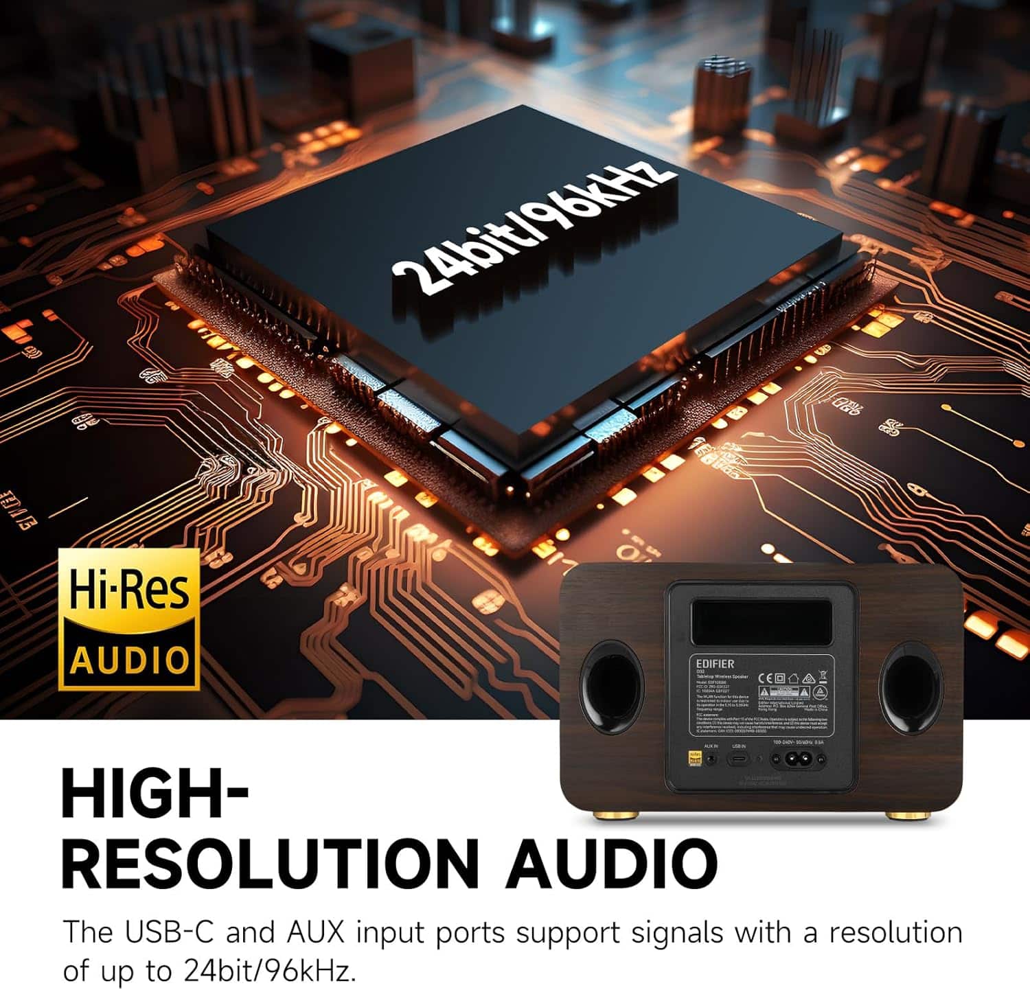 The USB-C and AUX input ports support signals with a resolution of up to 24bit/96kHz.