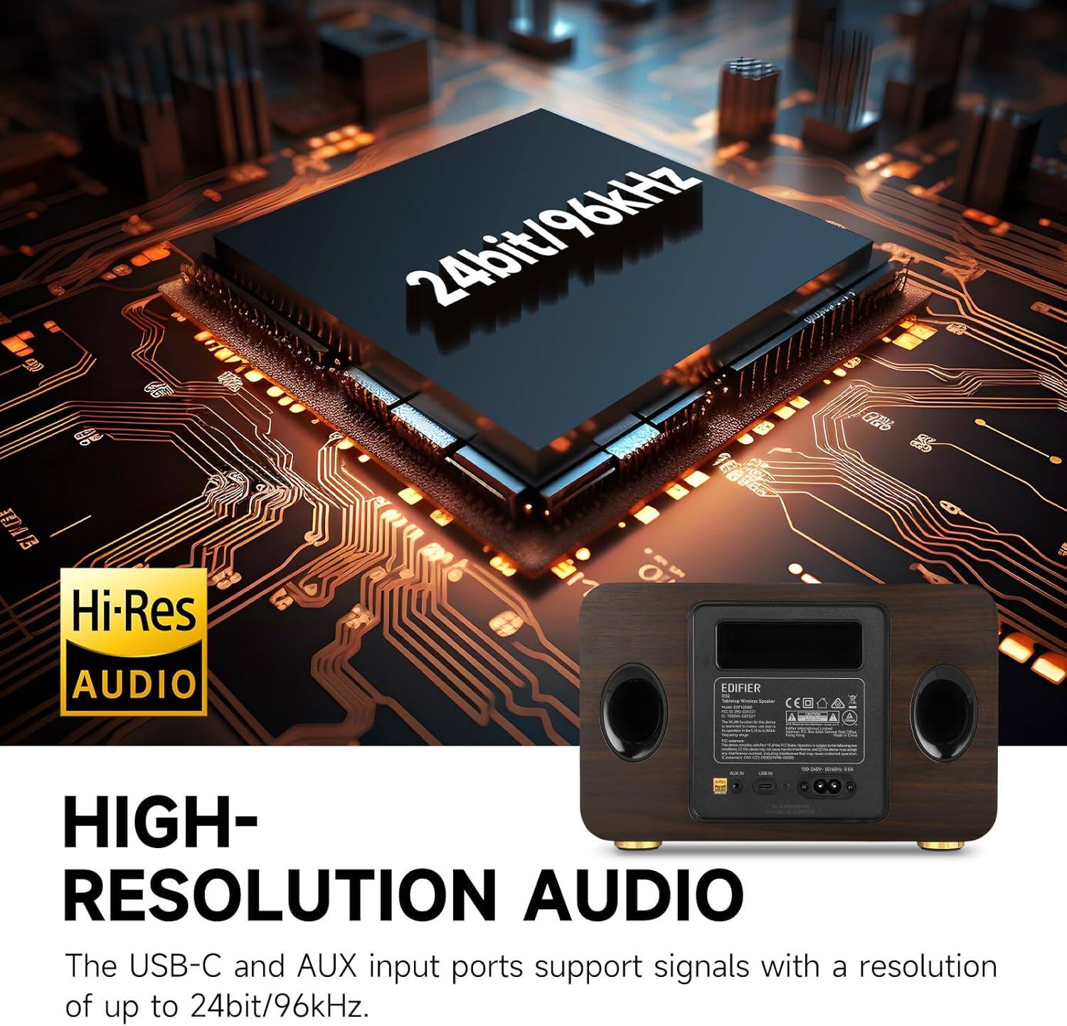 The USB-C and AUX input ports support signals with a resolution of up to 24bit/96kHz.