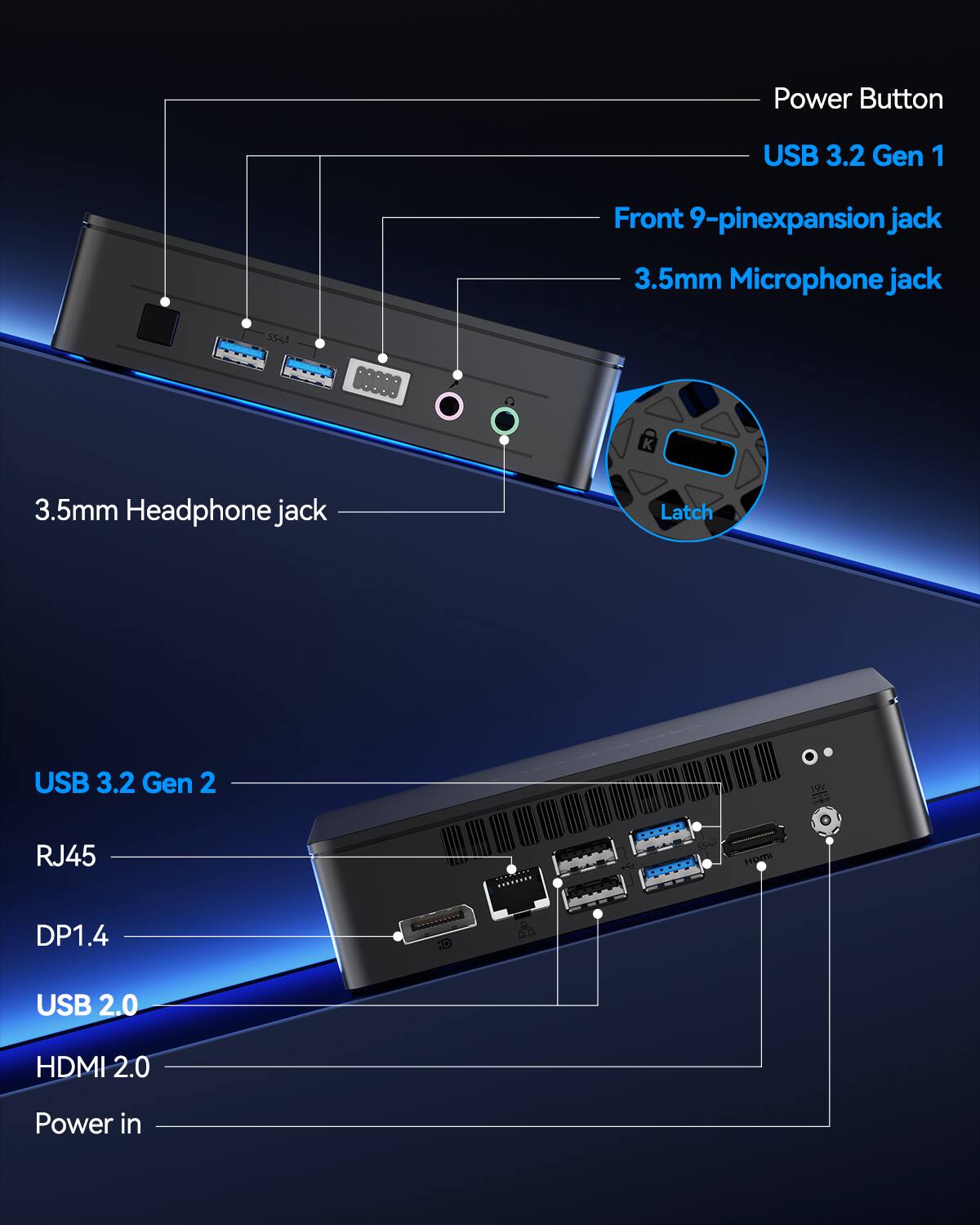 Power Button, USB 3.2 Gen 1, Front 9-pinexpansion jack, 3.5mm Microphone jack, 3.5mm Headphone jack, Latch, USB 3.2 Gen 2, RJ45, DP1.4, USB 2.0, HDMI 2.0, Power in