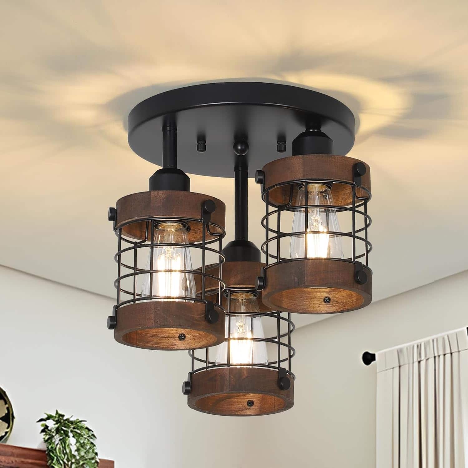 Z-Edge - Semi Flush Mount Ceiling Light,3-Light Farmhouse Chandelier Light Fixtures Ceiling Mount for Dining Room Kitchen Bedroom - Brown