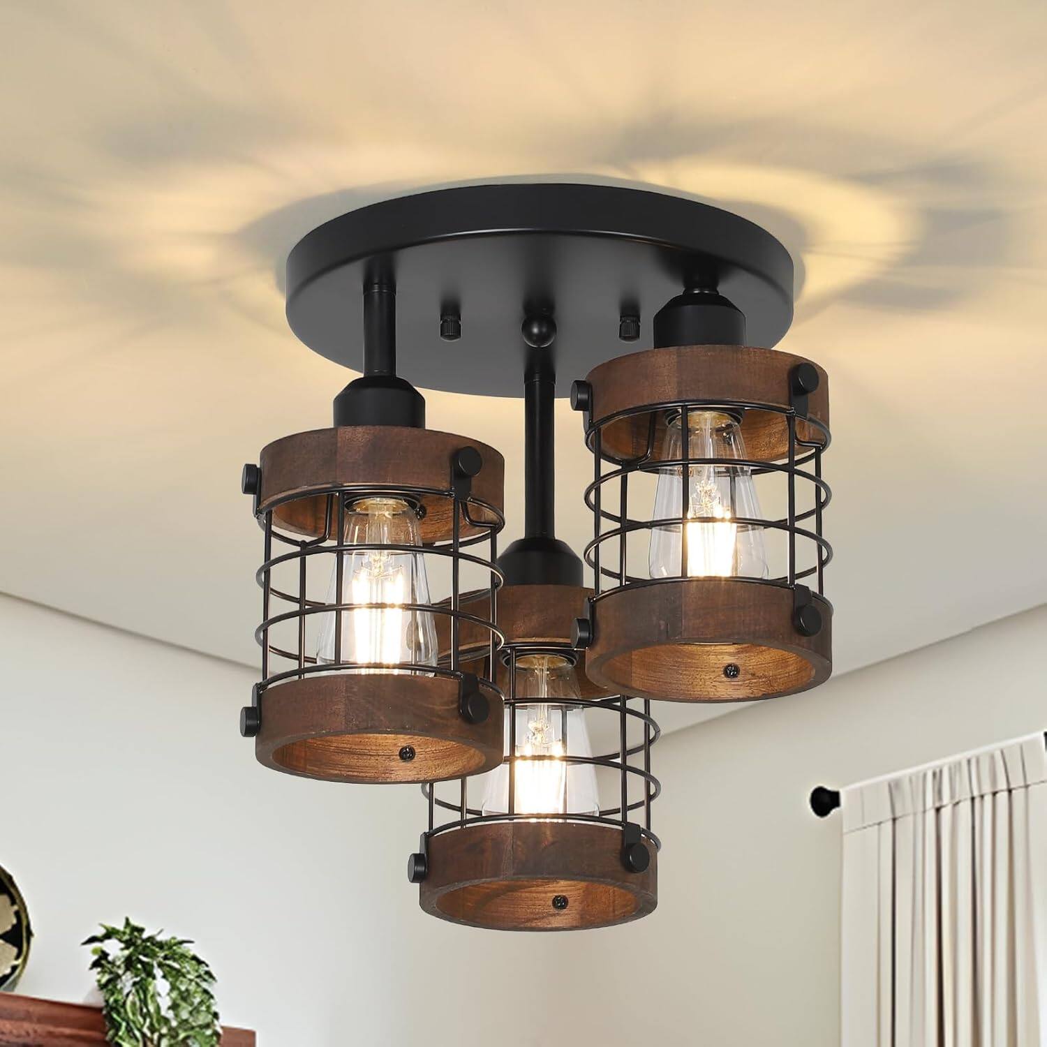 Front. Z-Edge - Semi Flush Mount Ceiling Light,3-Light Farmhouse Chandelier Light Fixtures Ceiling Mount for Dining Room Kitchen Bedroom - Brown.