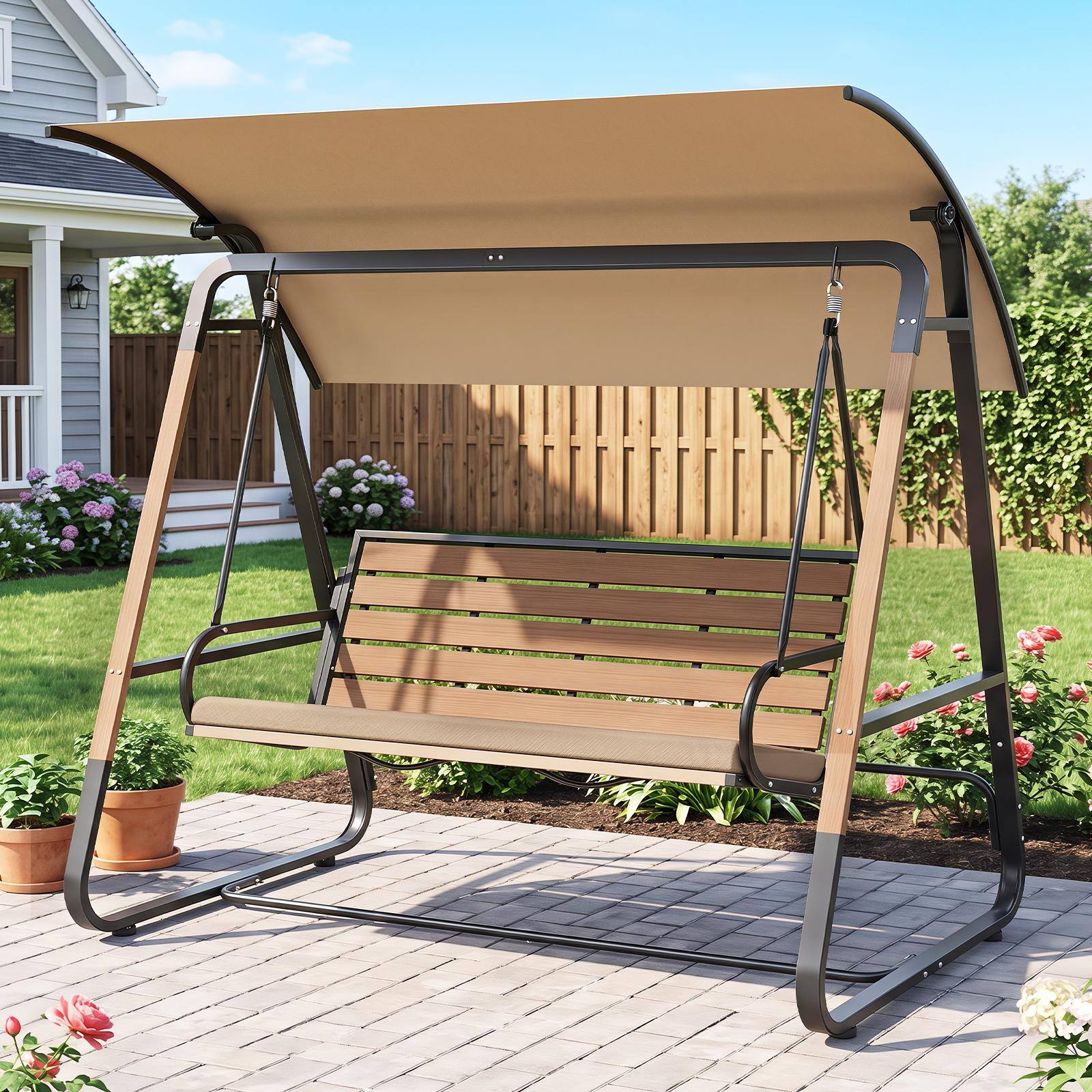 Alt View 4. Costway - Costway 3-Person Porch Swing, Outdoor Swing with Adjustable Canopy Removable Padded Cushion - Beige + Black + Brown.