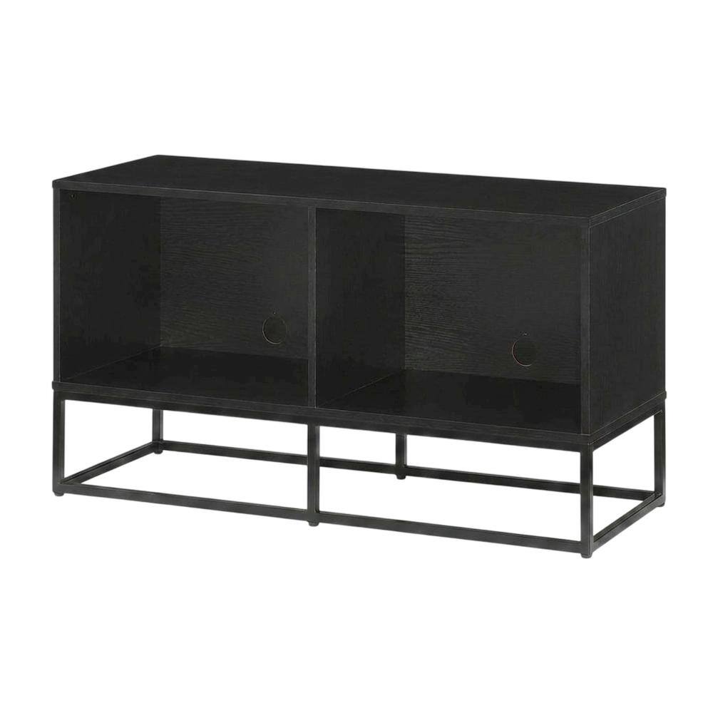 Front. FurniFact - Black Record Player Stand, MDF Steel Industrial Vinyl Console - Black.