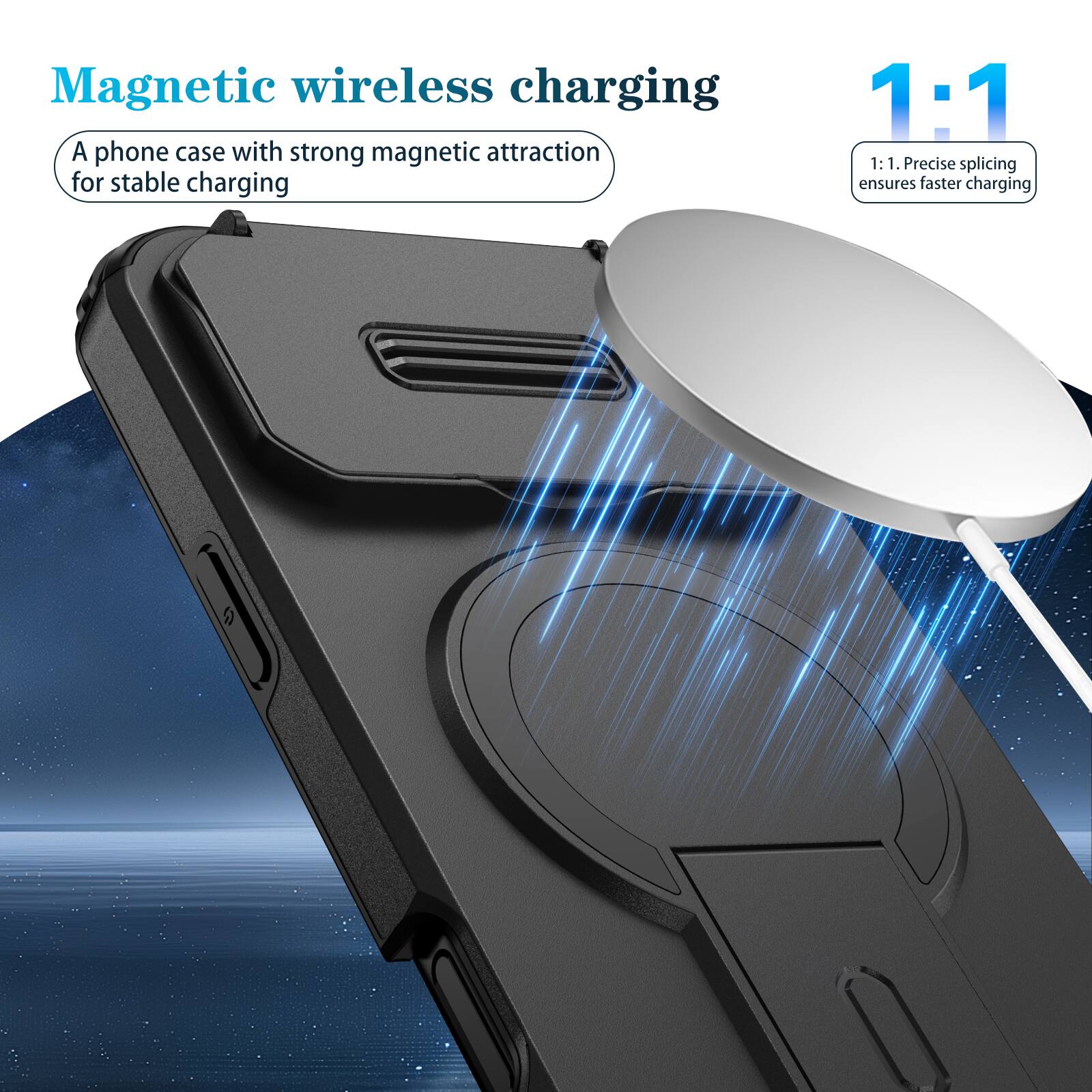 Magnetic wireless charging

A phone case with strong magnetic attraction for stable charging

1:1

1:1. Precise splicing ensures faster charging