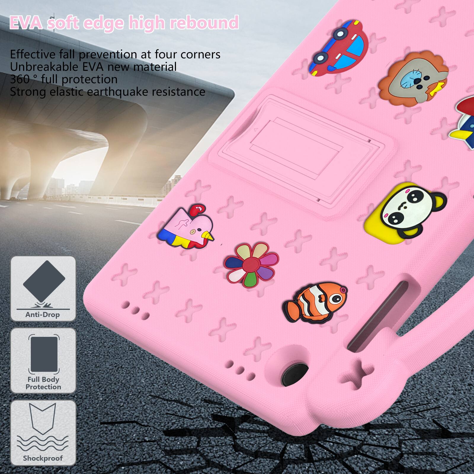 EVA soft edge high rebound  
Effective fall prevention at four corners  
Unbreakable EVA new material  
360° full protection  
Strong elastic earthquake resistance  

Anti-Drop  
Full Body Protection  
Shockproof