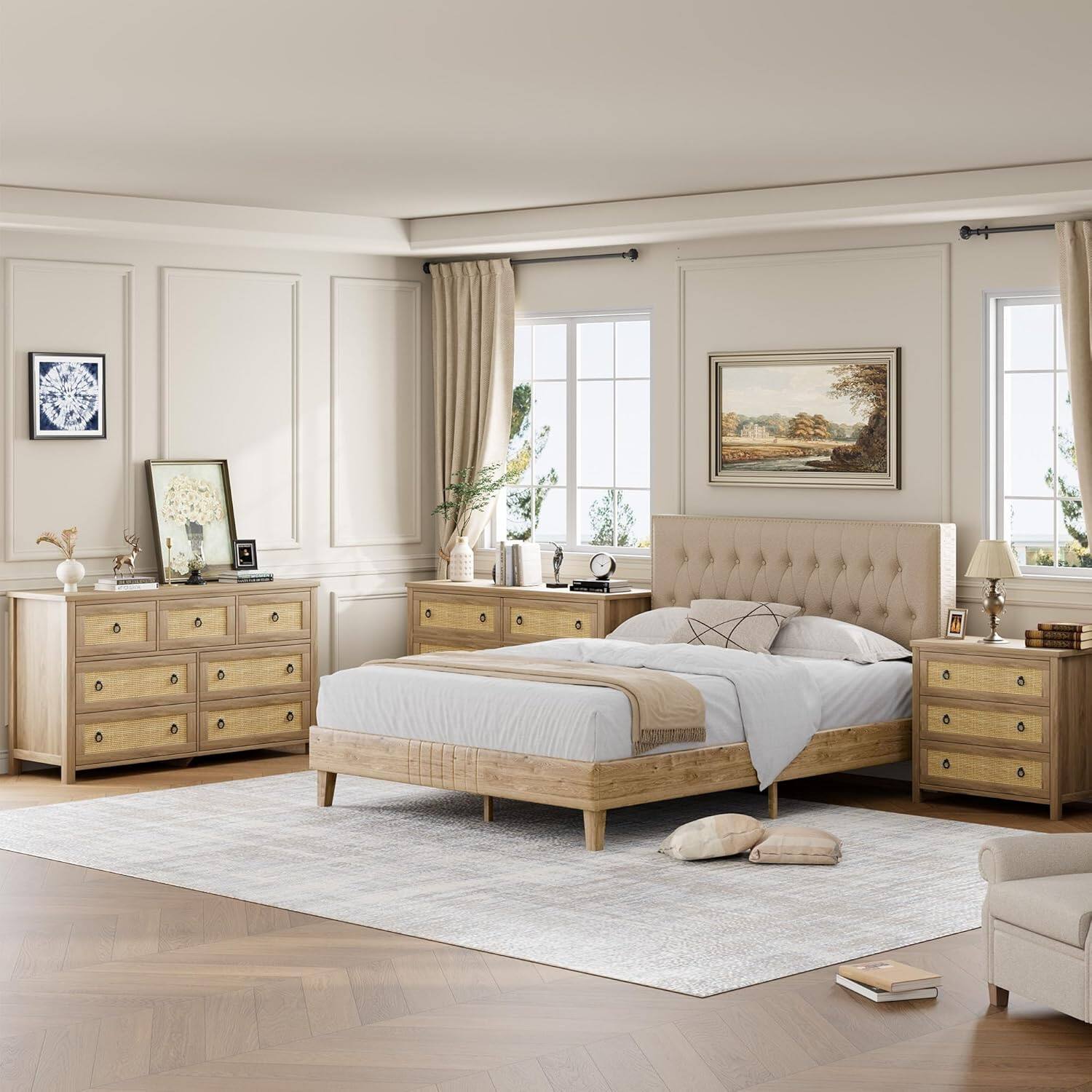 Front. Qeetex - 7 Drawer Dresser for Bedroom, 54'' Wide Rattan Dresser, Chest of Drawers, Wooden Chest with Clothes Storage Cabinet - Natural Oak.