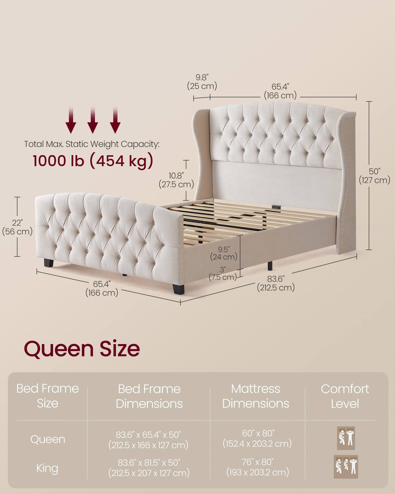 9.8" (25 cm)  
65.4" (166 cm)  
Total Max. Static Weight Capacity: 1000 lb (454 kg)  
10.8" (27.5 cm)  
22" (56 cm)  
9.5" (24 cm)  
3" (7.5 cm)  
83.6" (212.5 cm)  
50" (127 cm)  

Queen Size Bed Frame  
Size | Bed Frame Dimensions | Mattress Dimensions | Comfort Level  
Queen | 83.6" X 65.4" X 50" (212.5 X 166 X 127 cm) | 60" X 80" (152.4 X 203.2 cm) |  
King | 83.6" X 81.5" X 50" (212.5 X 207 X 127 cm) | 76" X 80" (193 X 203.2 cm)