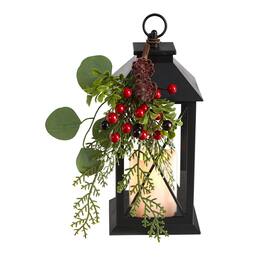 BreeBe - 12” Christmas Lantern with Berries - Red,Green