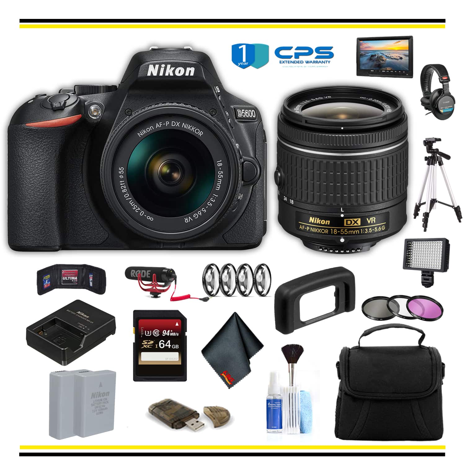 Nikon - D5600 DSLR Camera with 18-55mm Lens (1576 ) Advanced Bundle W/ Bag, Extra Battery, LED Light, Mic, Filters and Mor