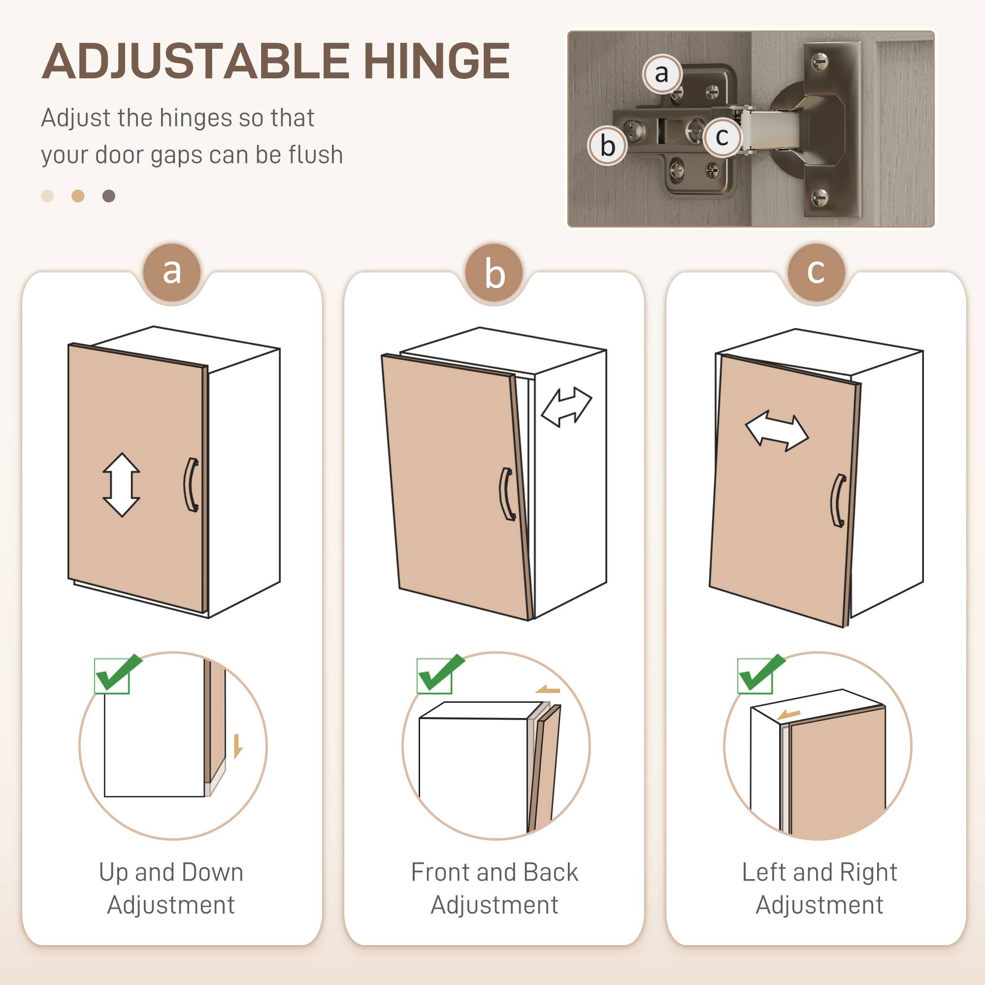 ADJUSTABLE HINGE

Adjust the hinges so that your door gaps can be flush

a
b
c

a
b
c

Up and Down Adjustment
Front and Back Adjustment
Left and Right Adjustment