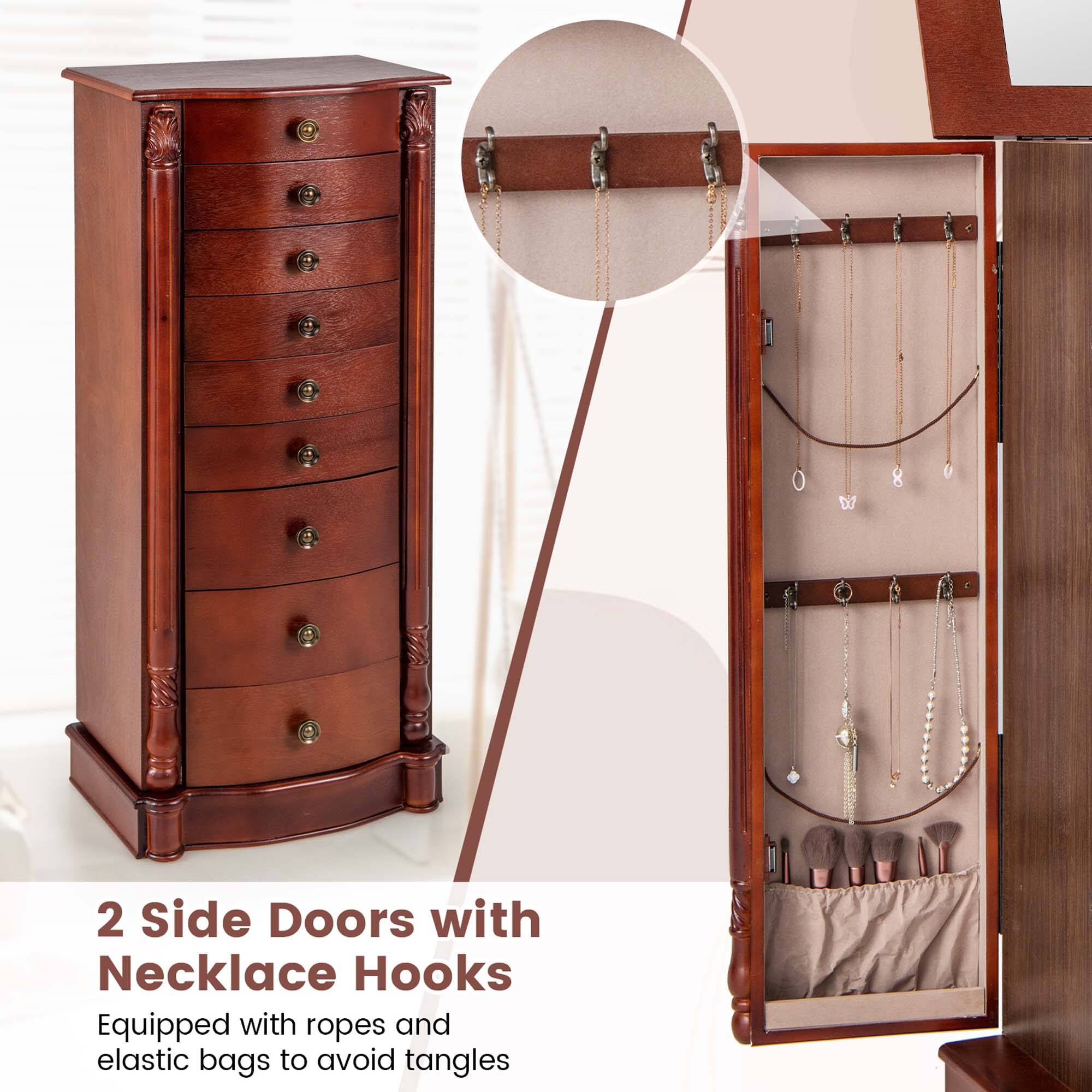 The image features a wooden dresser with two side doors that have necklace hooks. These hooks are equipped with ropes and elastic bags to prevent tangles and keep the necklaces organized. The dresser is designed to provide a convenient and stylish storage solution for necklaces and other jewelry items.