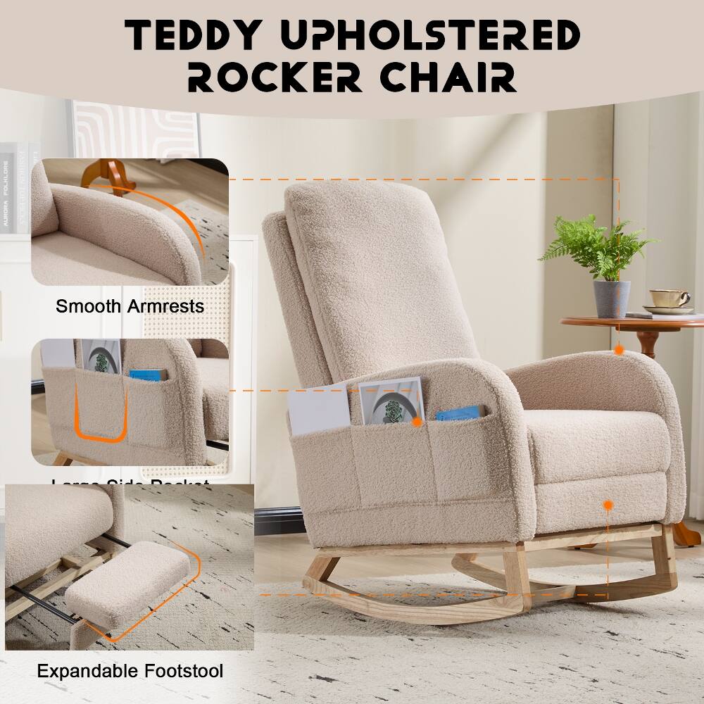 TEDDY UPHOLSTERED ROCKING CHAIR

- Smooth Armrests
- Large Side Pocket
- Expandable Footstool