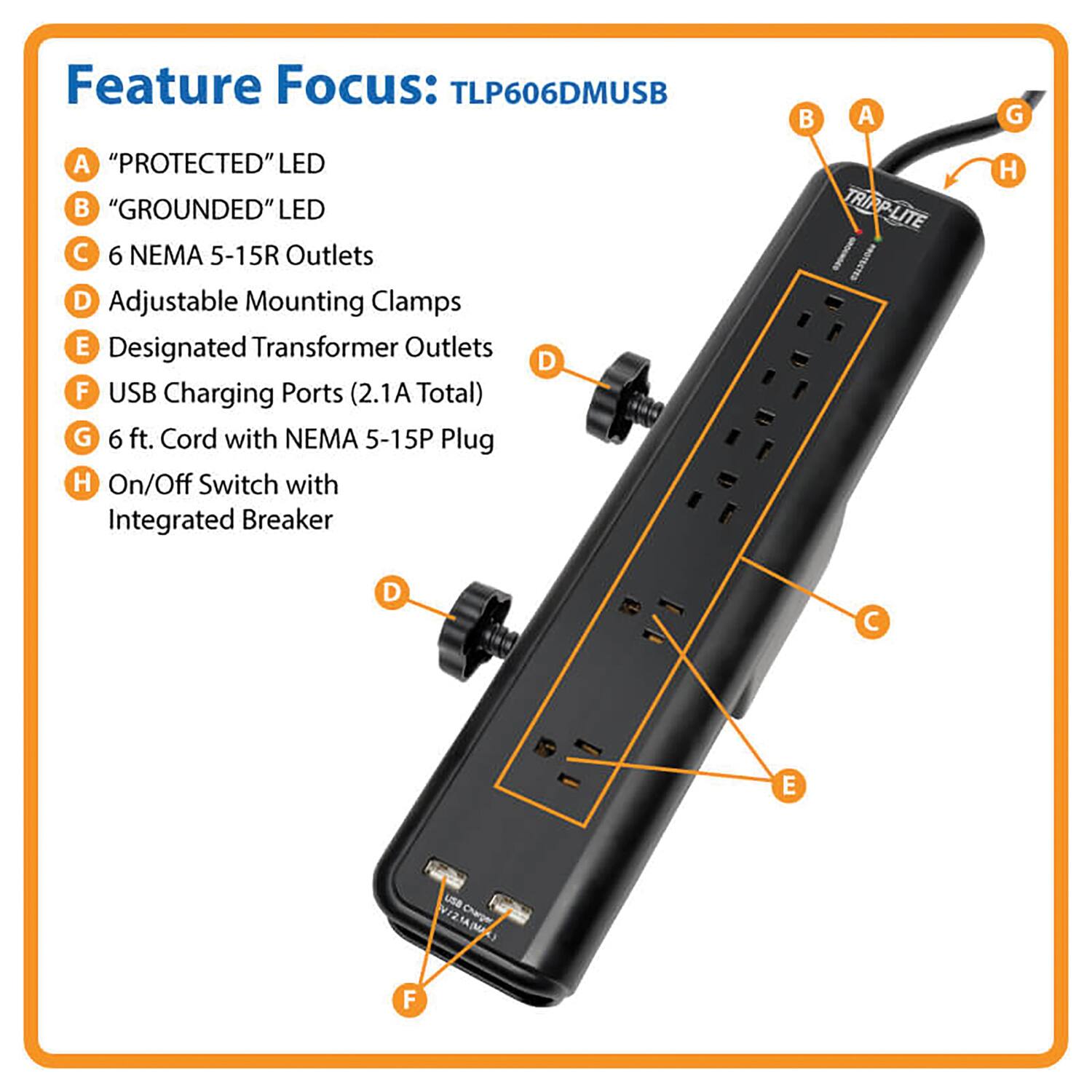 Feature Focus: TLP606DMUSB

A. "PROTECTED" LED  
B. "GROUNDED" LED  
C. 6 NEMA 5-15R Outlets  
D. Adjustable Mounting Clamps  
E. Designated Transformer Outlets  
F. USB Charging Ports (2.1A Total)  
G. 6 ft. Cord with NEMA 5-15P Plug  
H. On/Off Switch with Integrated Breaker  

TRIPP-LITE  
TRIP PROTECTED  
V/2 Charger  
USA