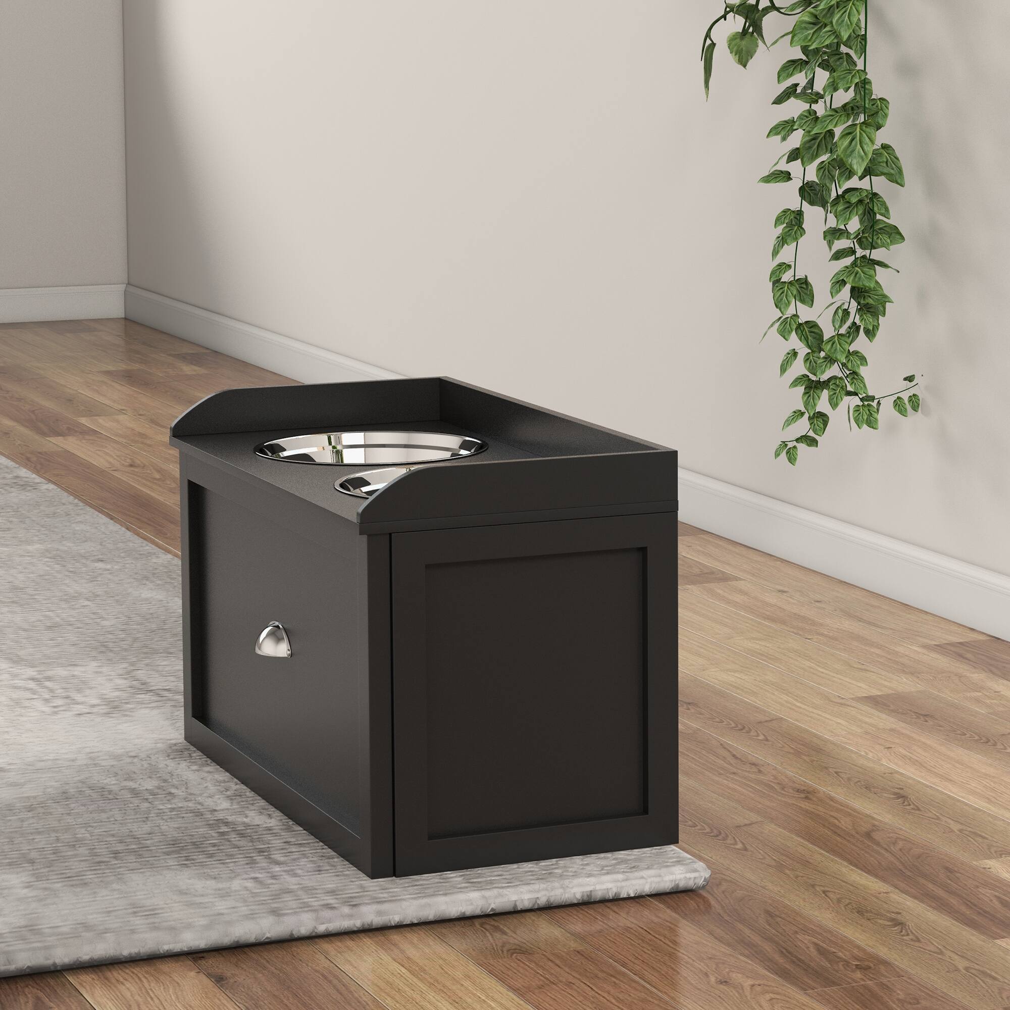 Alt View 4. Pawhut - Dog Feeding Station with Storage Drawer, Dog Food Storage Cabinet with 2 Removable Bowls for Dogs - Black.