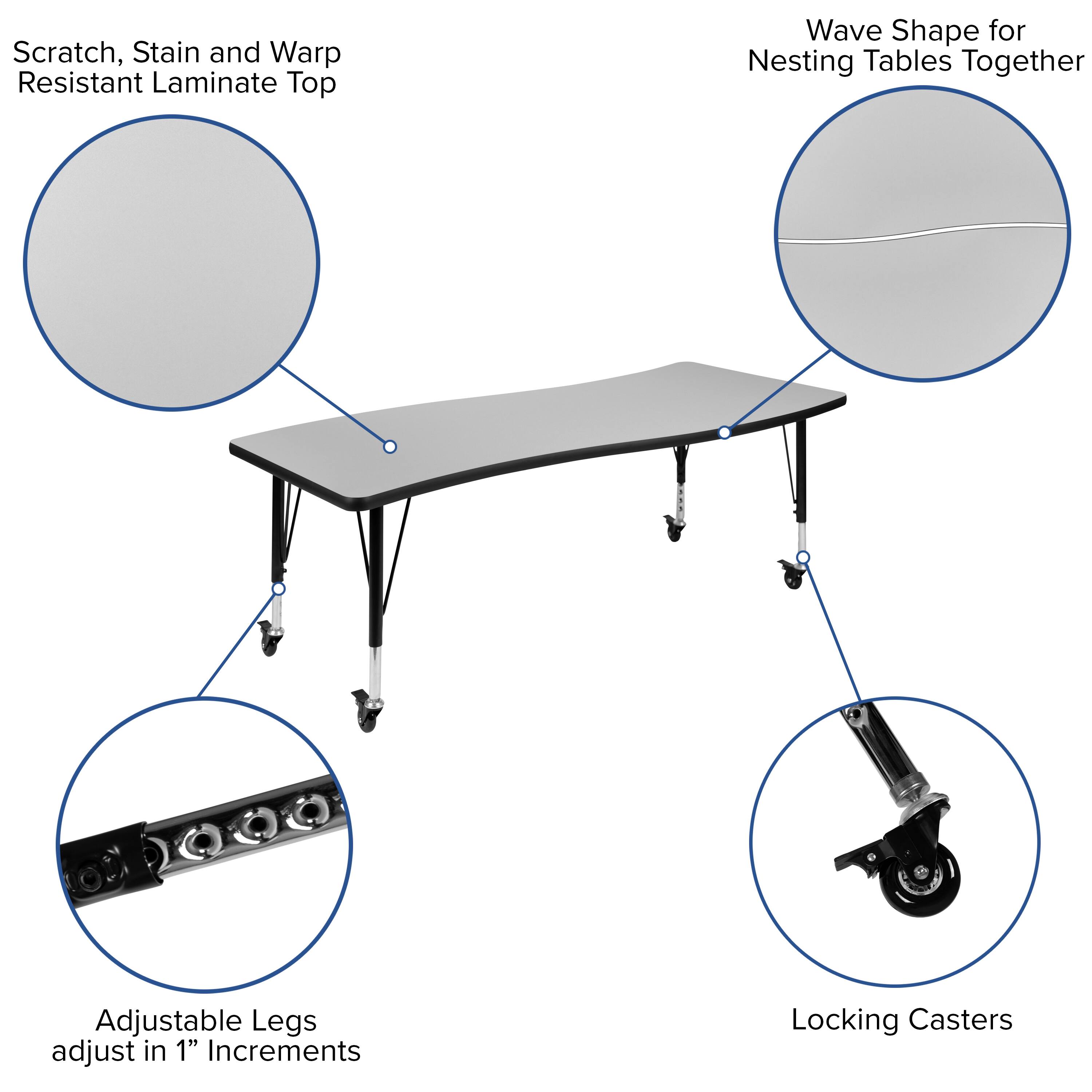 Scratch, Stain and Warp Resistant Laminate Top

Wave Shape for Nesting Tables Together

Adjustable Legs adjust in 1" Increments

Locking Casters