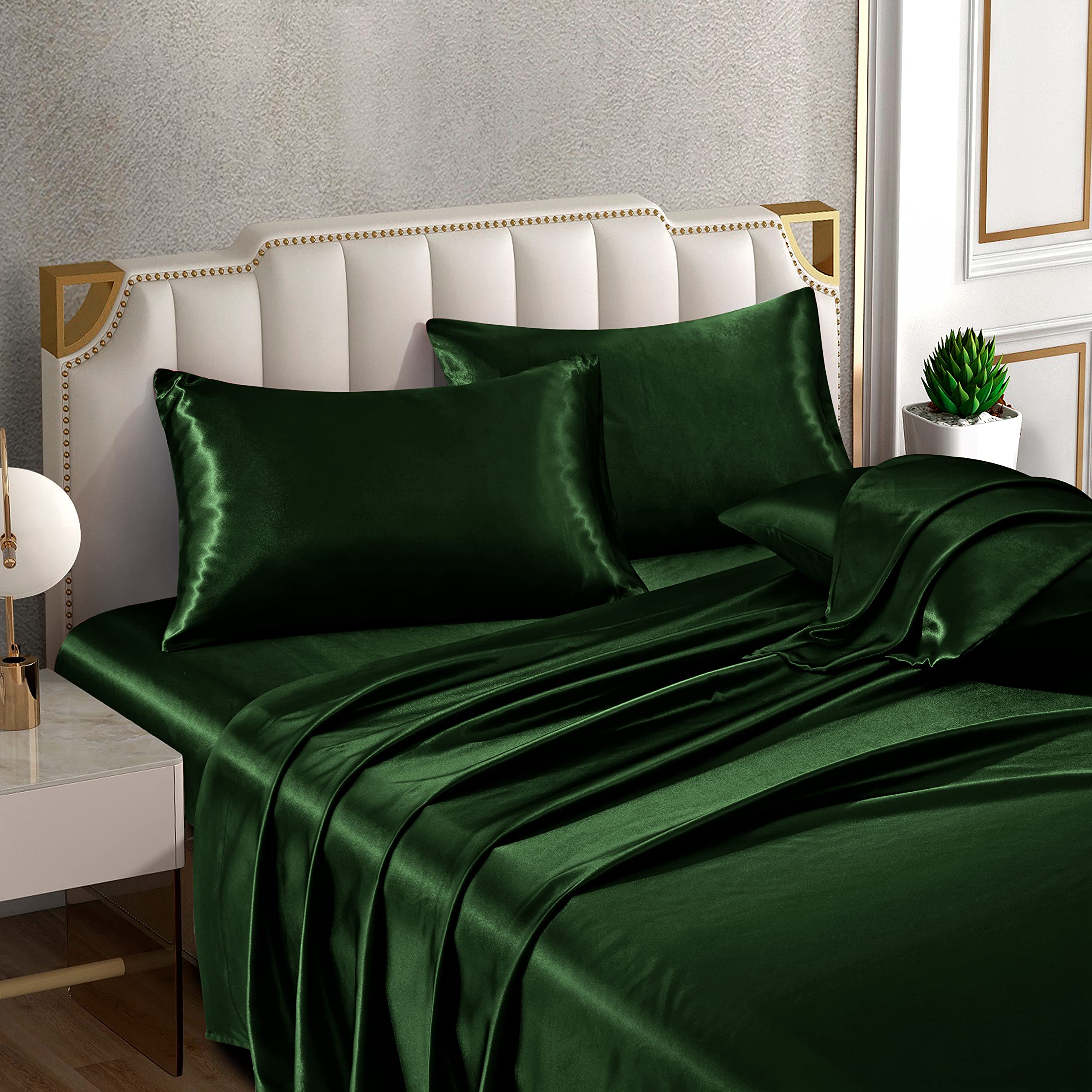 Back. Stylel Star - 6 Piece Satin Sheet Set Queen Size Luxury Silky & Soft Green Bed With 16" Deep Pocket  1 Fitted Flat 4 Pillowcases - Emerald Green-Queen.