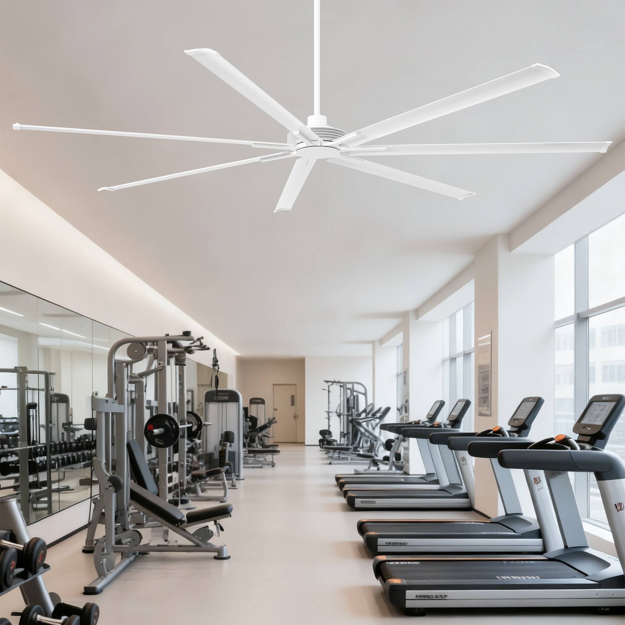 Left. Parrot Uncle - 84-inch White Industrial Extra Large Commercial HVLS Ceiling Fan without Light, 7 Aluminum Blades and Remote Control - White.