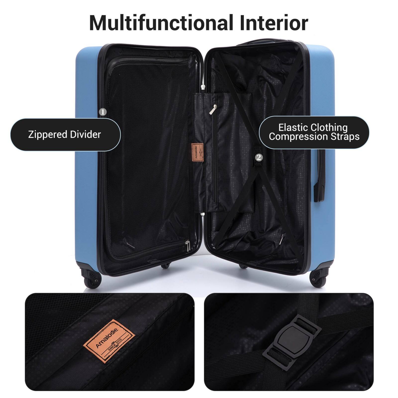 Multifunctional Interior

1. Zippered Divider
2. Elastic Clothing Compression Straps

Amalodie