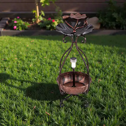 Front. BreeBe - 3-in-1 Solar Garden Bird Bath, Feeder & Planter – Decorative Pedestal with Night Lighting - Copper.