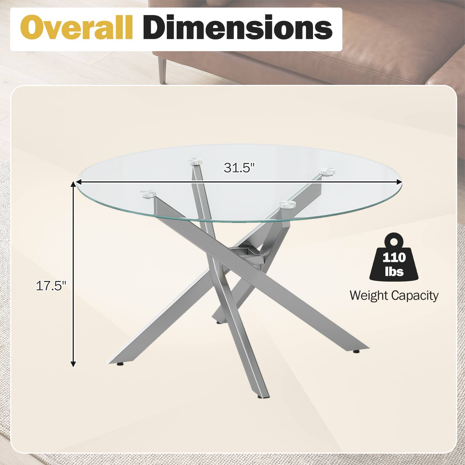 Overall Dimensions: 31.5" x 17.5"  
Weight Capacity: 110 lbs