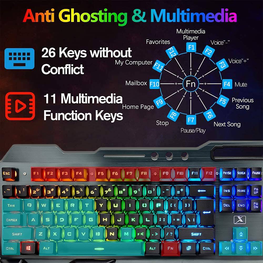 Anti Ghosting & Multimedia

26 Keys without Conflict

11 Multimedia Function Keys

- Multimedia Player
- Favorites
- My Computer
- Mailbox
- Home Page
- Stop
- Previous Song
- Next Song
- Pause/Play
- Mute
- Voice"-" F1
- Voice"+" F11
- F1
- F2
- F3
- F4
- F5
- F6
- F7
- F8
- F9
- F10
- F11
- F12
- Fn
- ESC
- F1
- F2
- F3
- F4
- F5
- F6
- F7
- F8
- F9
- F10
- F11
- F12
- PR1SC
- SCOLK
- PAUSE
- 1
- 2
- 3
- 4
- 5
- 6
- 7
- 8
- 9
- 0
- -
- =
- INS
- HOME
- PG UP
- DEL
- END
- PG DN