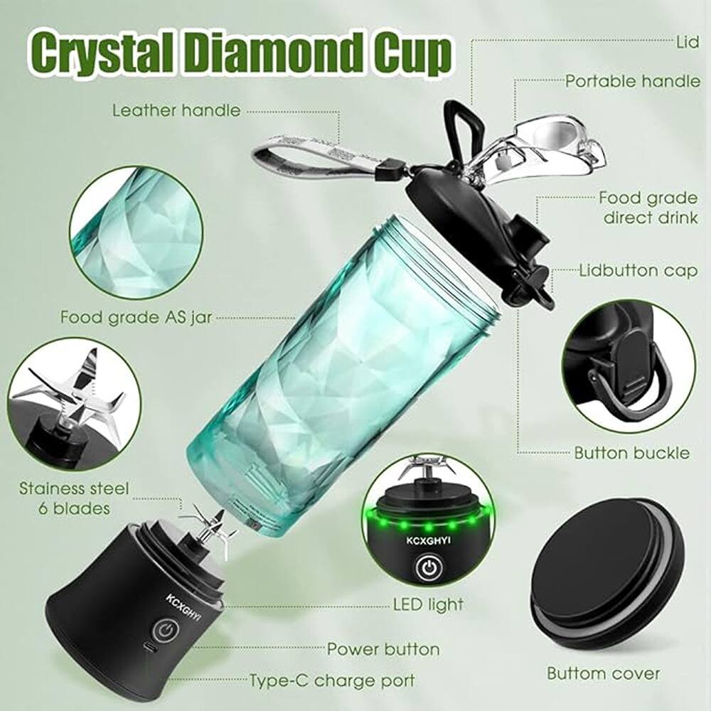 Crystal Diamond Cup

- Leather handle
- Food grade AS jar
- Stainless steel 6 blades
- Lid
- Portable handle
- Food grade direct drink
- Lidbutton cap
- Button buckle
- LED light
- Power button
- Type-C charge port
- Bottom cover