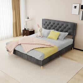 Loheer - Velvet Queen Bed Frame Sturdy Upholstered Platform Bed - Gray