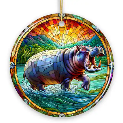 Front. OrnamentallyYou - Mighty Hippopotamus Stained Glass Style Ceramic Ornament African Animals Christmas Gift and Decor - Multi-colored.