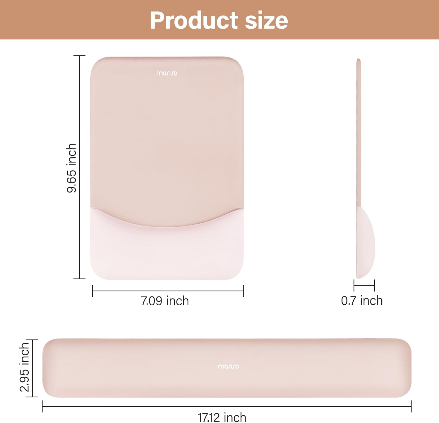 Product size: 9.65 inch x 7.09 inch x 0.7 inch, 2.95 inch x 17.12 inch