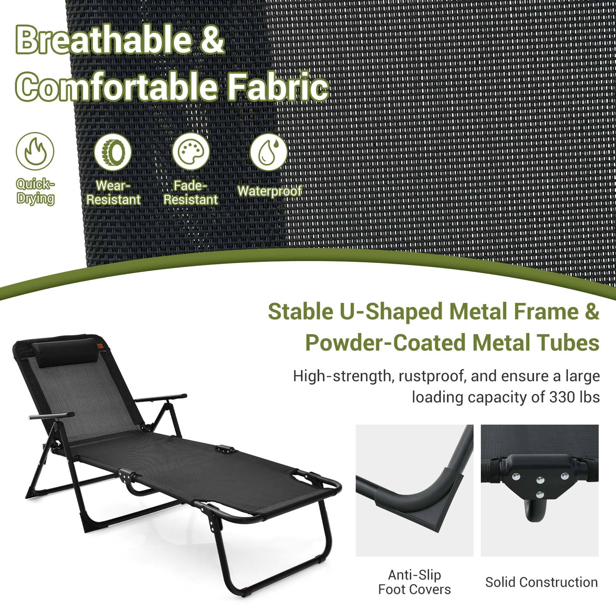 Breathable & Comfortable Fabric

- Quick-Drying
- Wear-Resistant
- Fade-Resistant
- Waterproof

Stable U-Shaped Metal Frame & Powder-Coated Metal Tubes

High-strength, rustproof, and ensure a large loading capacity of 330 lbs

Anti-Slip Foot Covers

Solid Construction