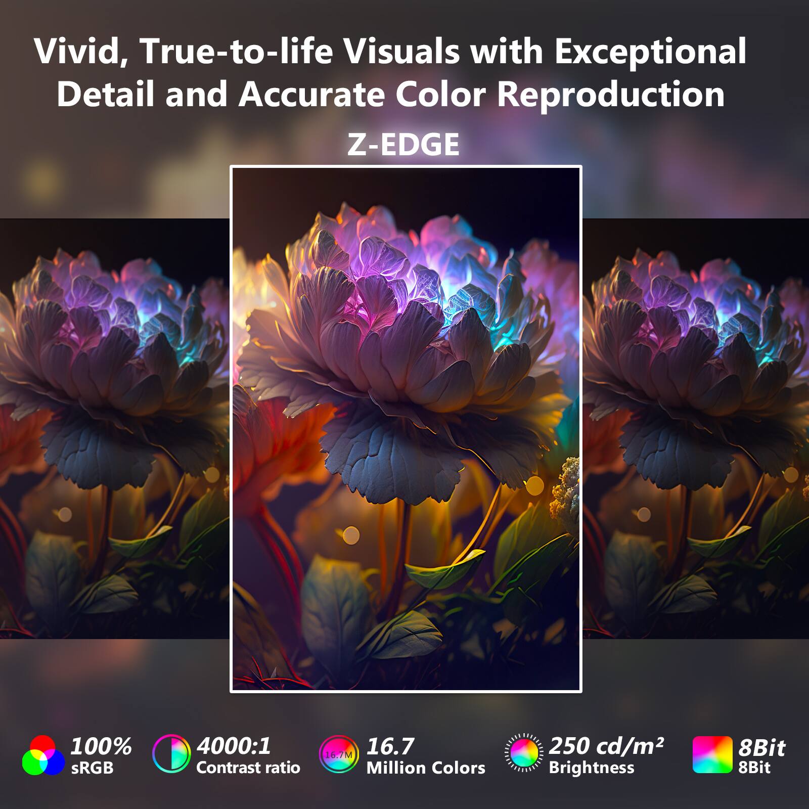 Vivid, True-to-life Visuals with Exceptional Detail and Accurate Color Reproduction Z-EDGE 100% sRGB 4000:1 Contrast ratio 16.7 Million Colors 250 cd/m2 Brightness 8Bit